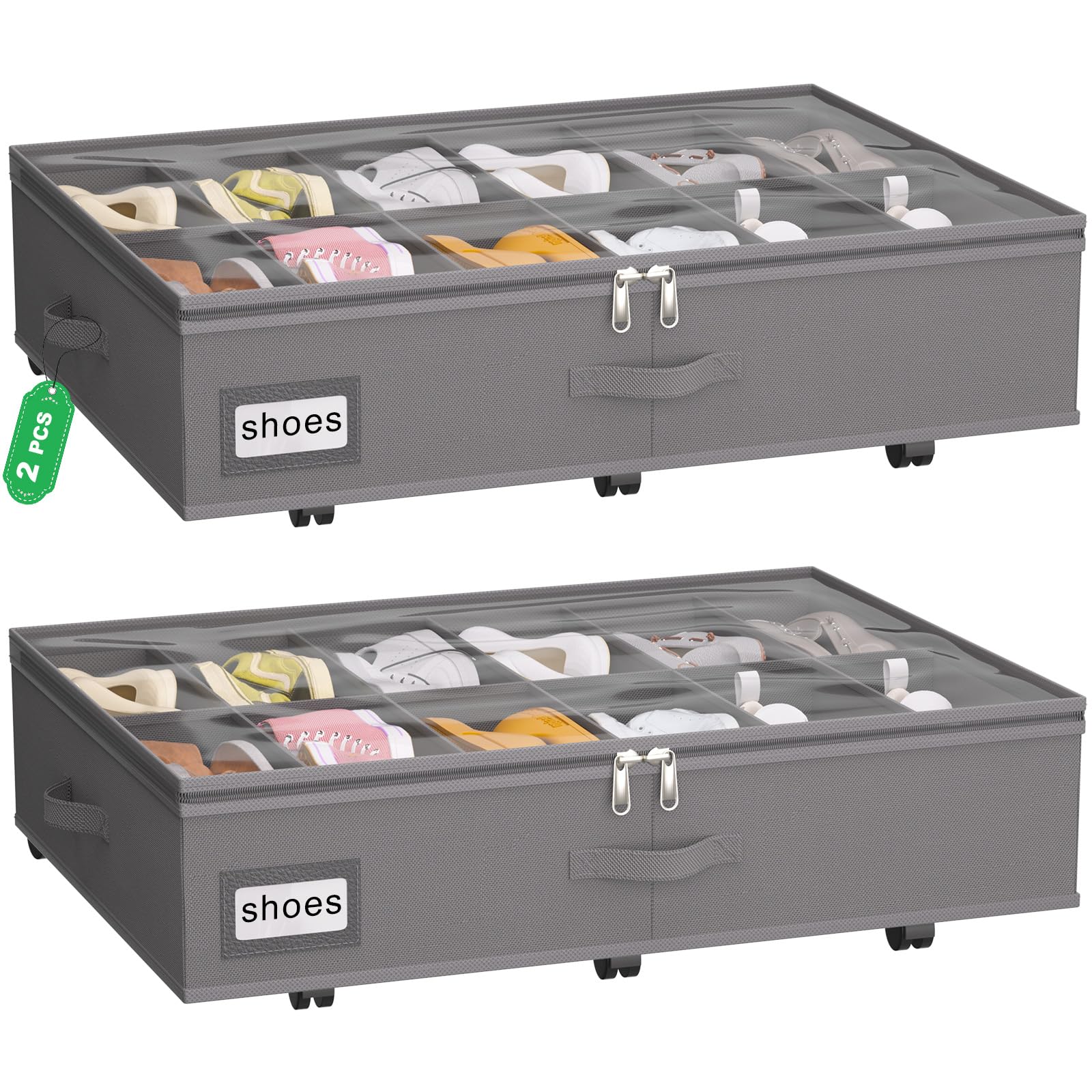 Unterbett-Schuh-Organizer mit Rollen für den Schrank, passend für 24 Paar, stabile Unterbett-Schuh-Aufbewahrungsbox, 2er-Set (grau)