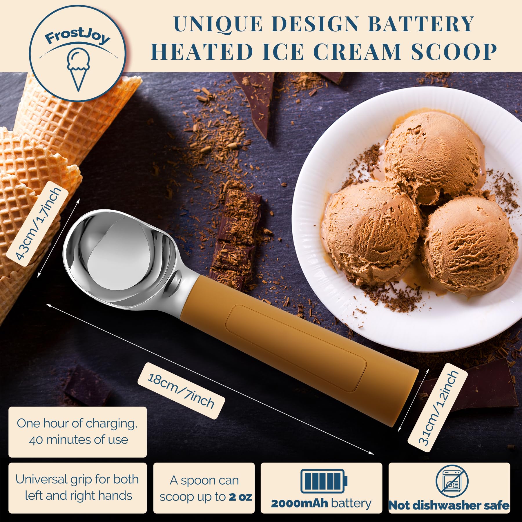 Cuillère à crème glacée chauffante rechargeable, cuillère à glace électrique avec affichage LED, chauffe à 70°C pour glace dure, facile pour les seniors et les enfants, étanche IP67