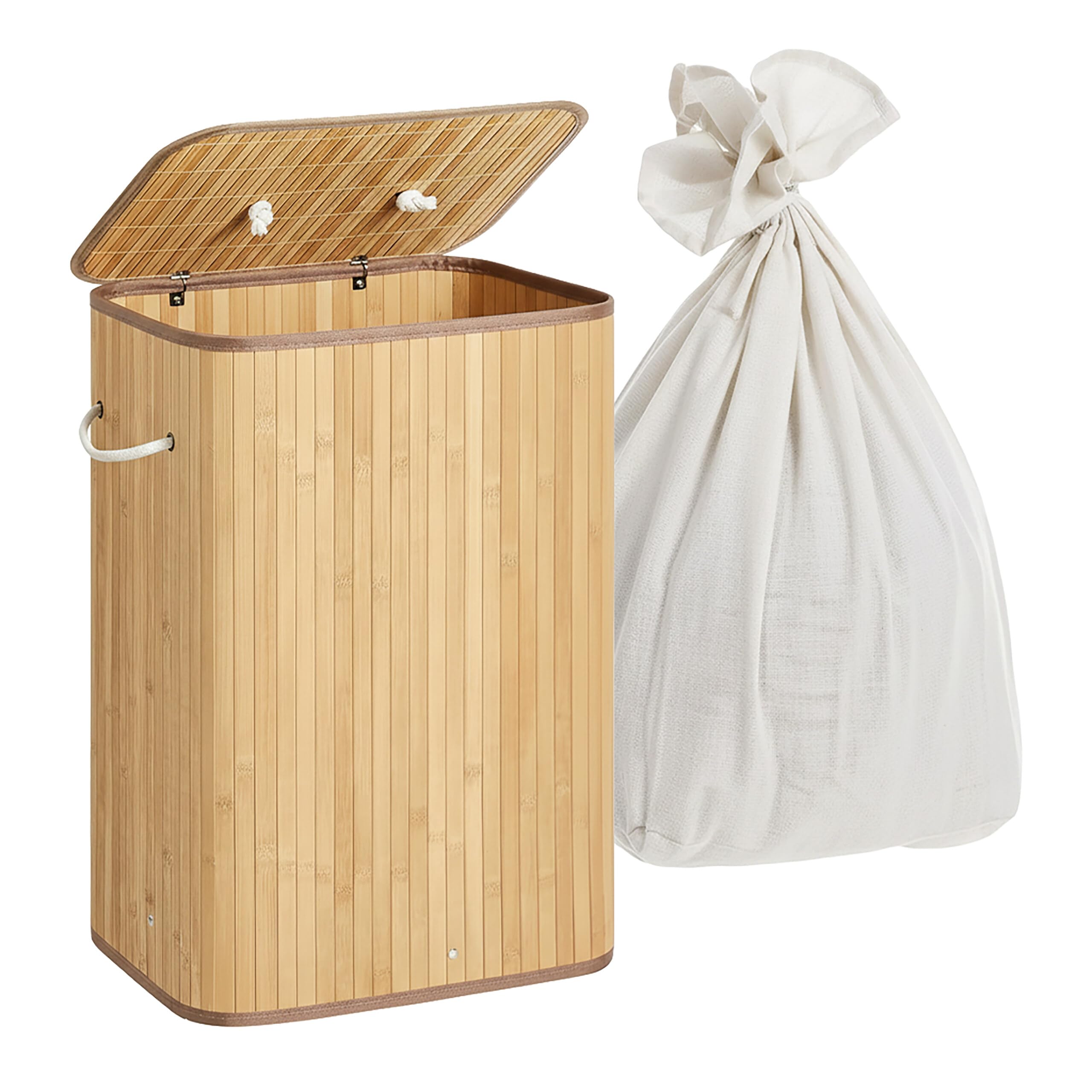 Relaxdays bamboo laundry basket with lid, foldable, 80L, 60x40x30cm, natural