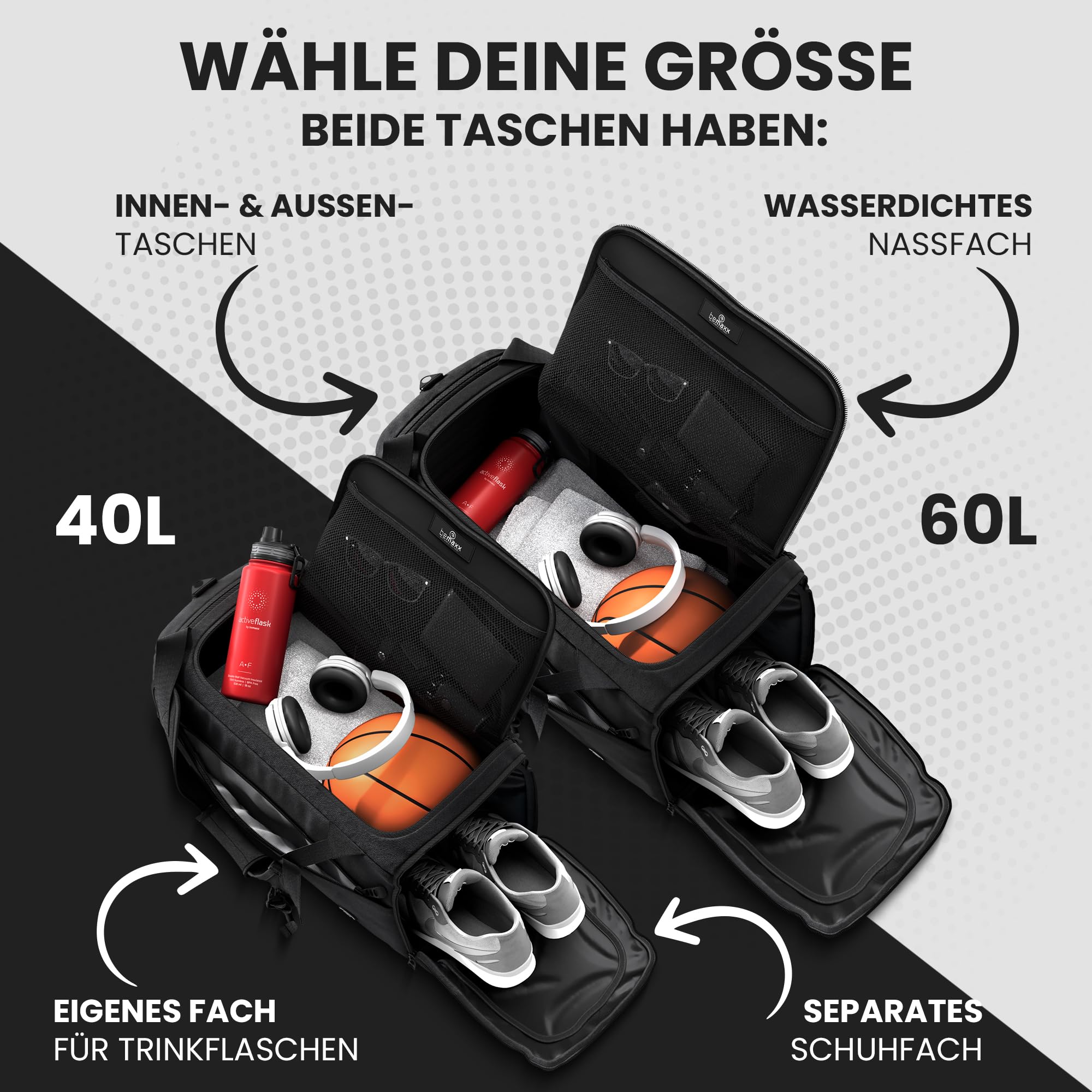 Sporttasche Herren Damen mit Schuhfach Nassfach 40/60L Rucksack-Funktion Reisetasche Fitness Gym