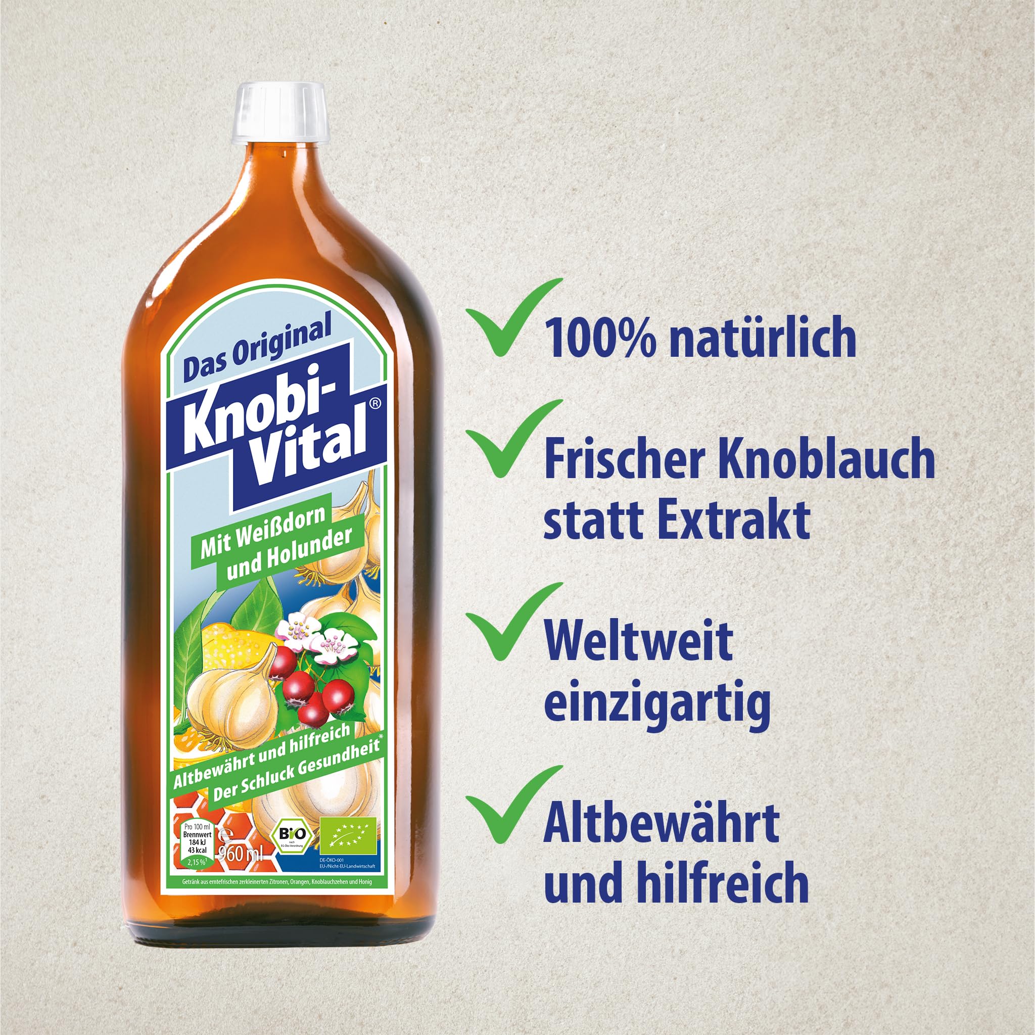KnobiVital mit Weißdorn und Holunder Bio (960 ml) I Hochkonzentrierter Knoblauchsaft mit Thiamin für Energie, Nerven & Herz I Natürlich & ohne Zusätze