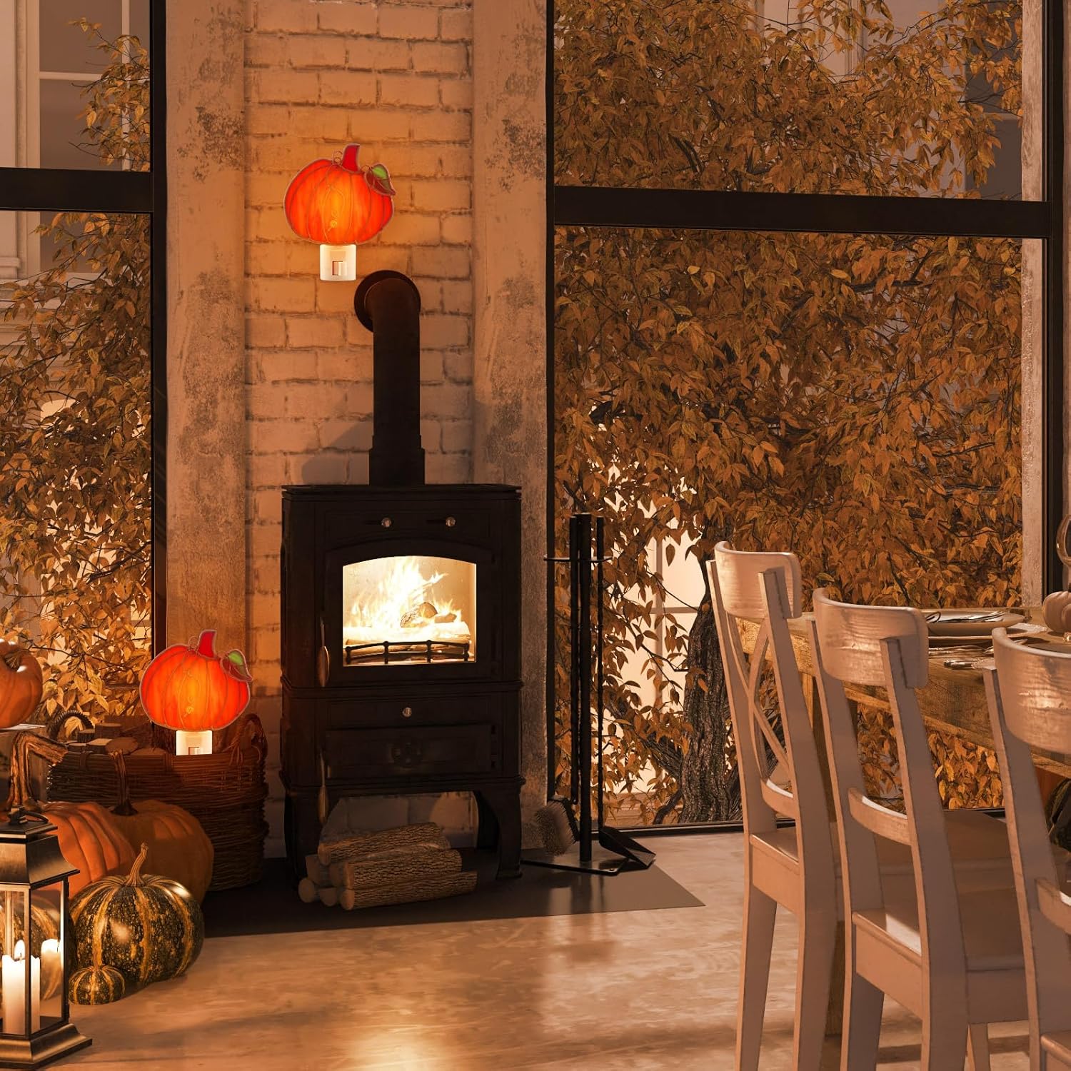 2 Pcs Stained Glass Pumpkin Night Light Plug into Wall, Bright Orange Pumpkin Fall Seasonal Light Decor for Home Bedroom Bathroom Kitchen Hallway Thanksgiving Halloween Decoration