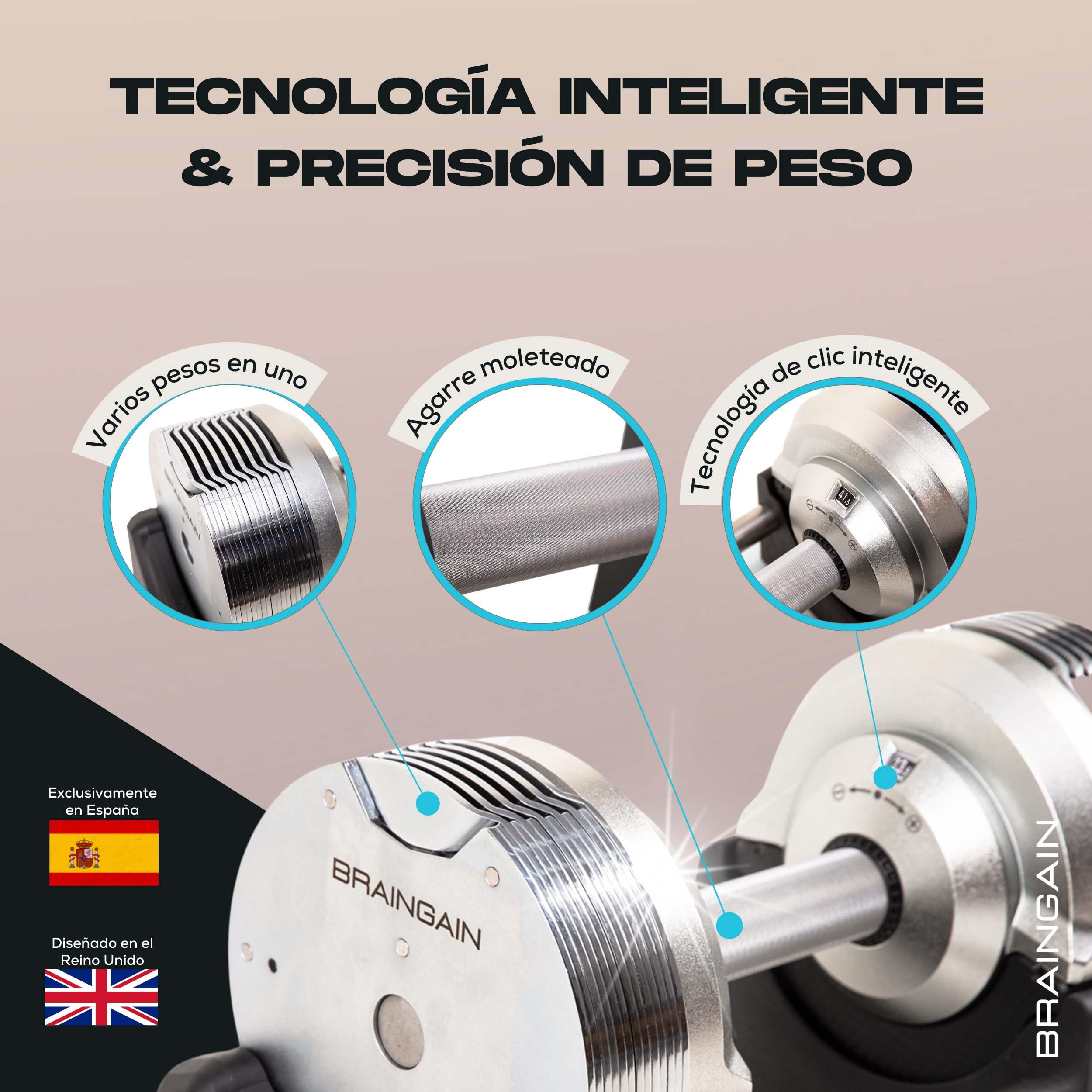 BRAINGAIN Mancuernas Ajustables Set 23,5kg/32,5kg/41,5kg – Ahora con mango Gen 4 de 34mm – Cambia de peso en 1 seg – Equipo de gimnasio en casa que ahorra espacio – Varios pesos en uno – Cromo/Negro