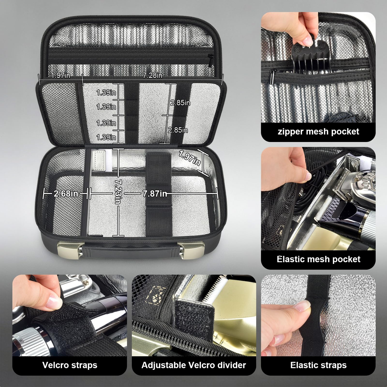 ANKHOH Friseurtasche mit leicht reinigen Aluminiumfolie Futter, Harte Eva Organizer Tasche für 3 Clippers & 4 Scheren, passt für Wahl/für Andis/für Ufree und die meisten Trimmer (Black) (schwarz)