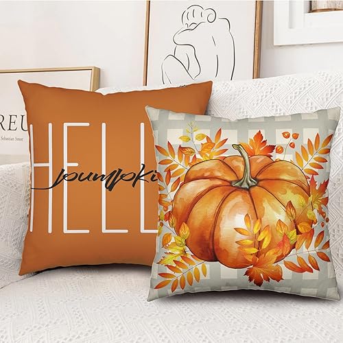 Miniatura 7 de Juego de 2 fundas de almohada decorativas de otoño de 24 x 24 pulgadas, hojas de arce y calabaza, fundas de almohada decorativas de lino otoñal a