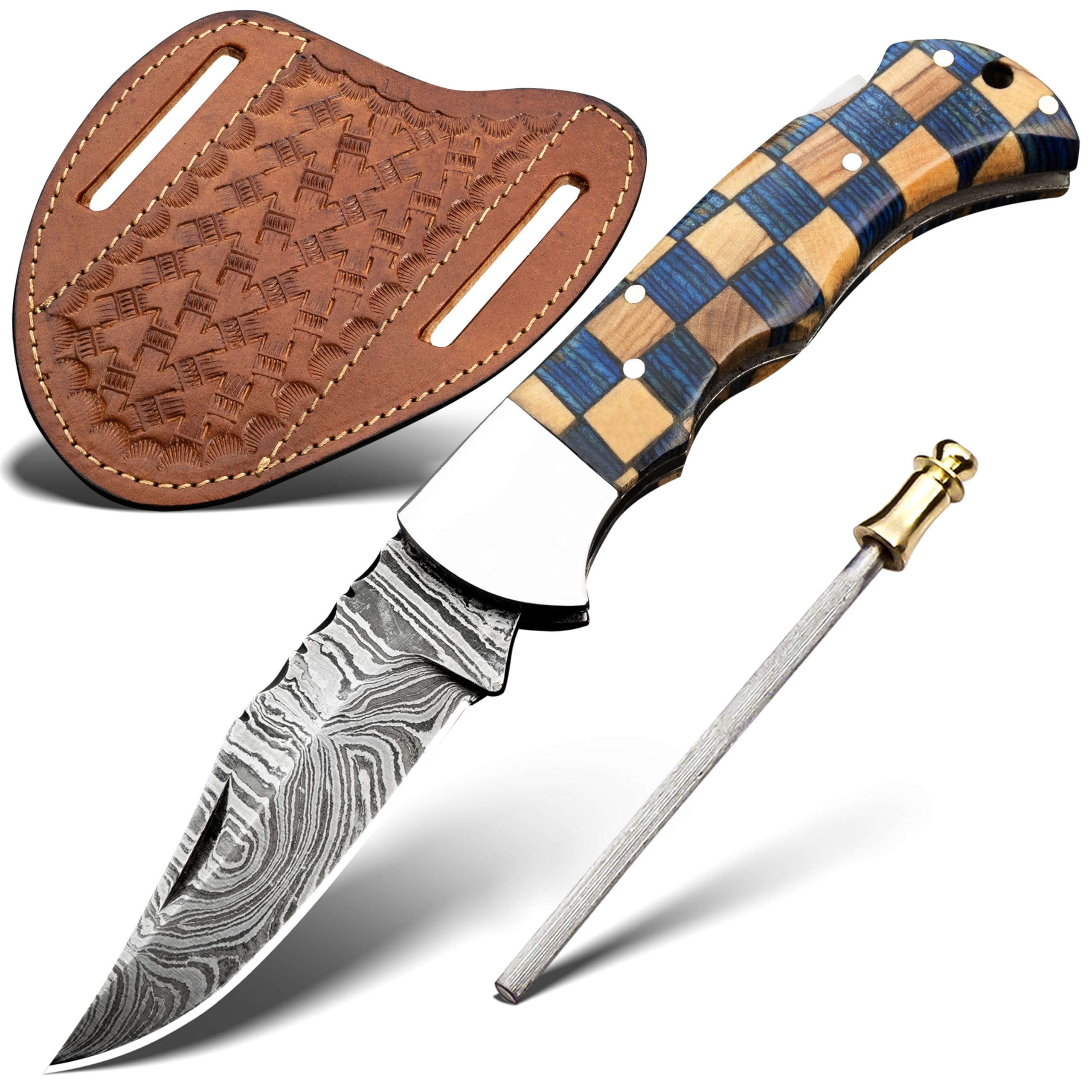 Damascus Steel Pocket Knife with Clip and Leather Sheath - EDC Knives for Outdoor and Camping Activities, Handmade Folding Knife, Free Sharpner (Chess foldable)