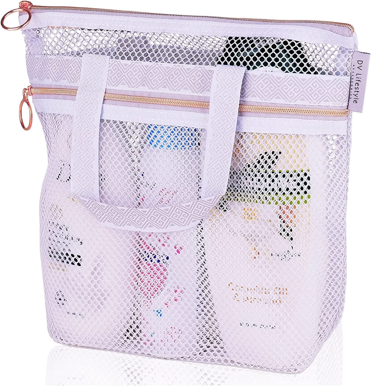 SYOSI Portable Shower Tote, Transparent Mesh Wash Bag, Cosmetic Bag, Travel Wash Bag, Quick Dry Shower Bag with Zipper & 2 Pockets, Ideal for Gym, Travel, Camp, Beach, for Sunscreen, 10.2x9.9''