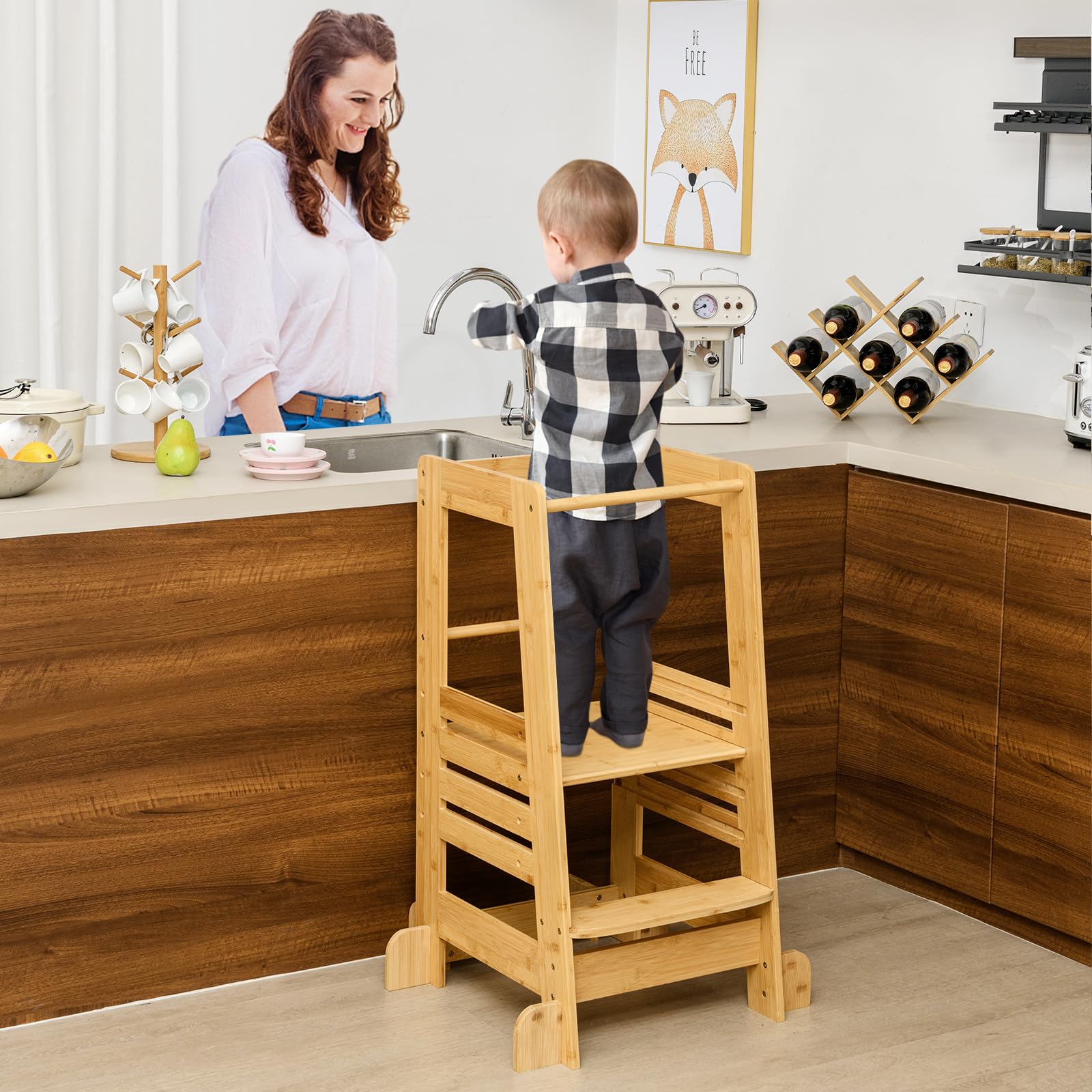 HONEY JOY Kitchen Step Stool for Toddlers, Height Adjustable Children Wooden Standing Tower w/Safety Rail, Montessori Kids Learning Stool for Kitchen Counter, Natural
