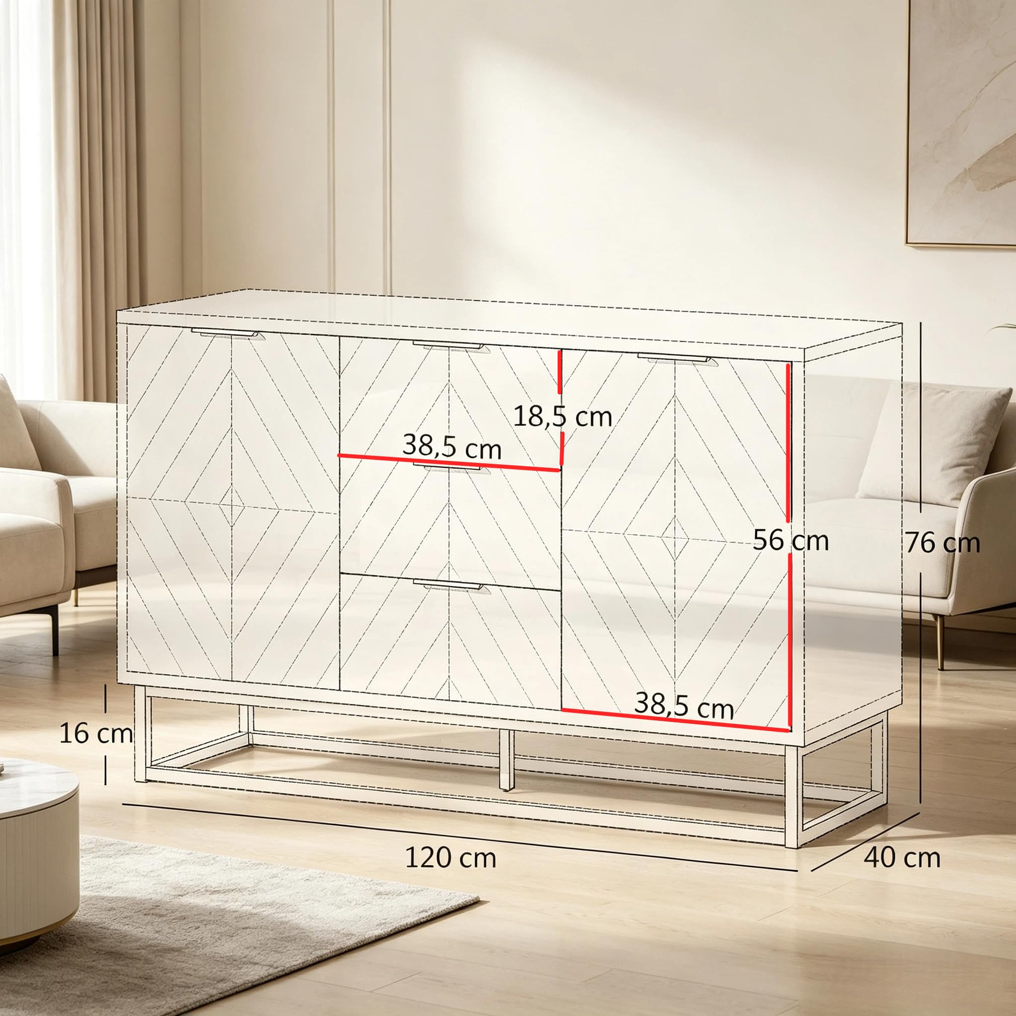 Nowoczesna komoda z 3 szufladami i 2 drzwiami, biało-złota, 120 x 40 x 76 cm, półki z regulacją wysokości, metalowe uchwyty, ochrona przed przechyleniem, szafka do przechowywania do salonu, jadalni