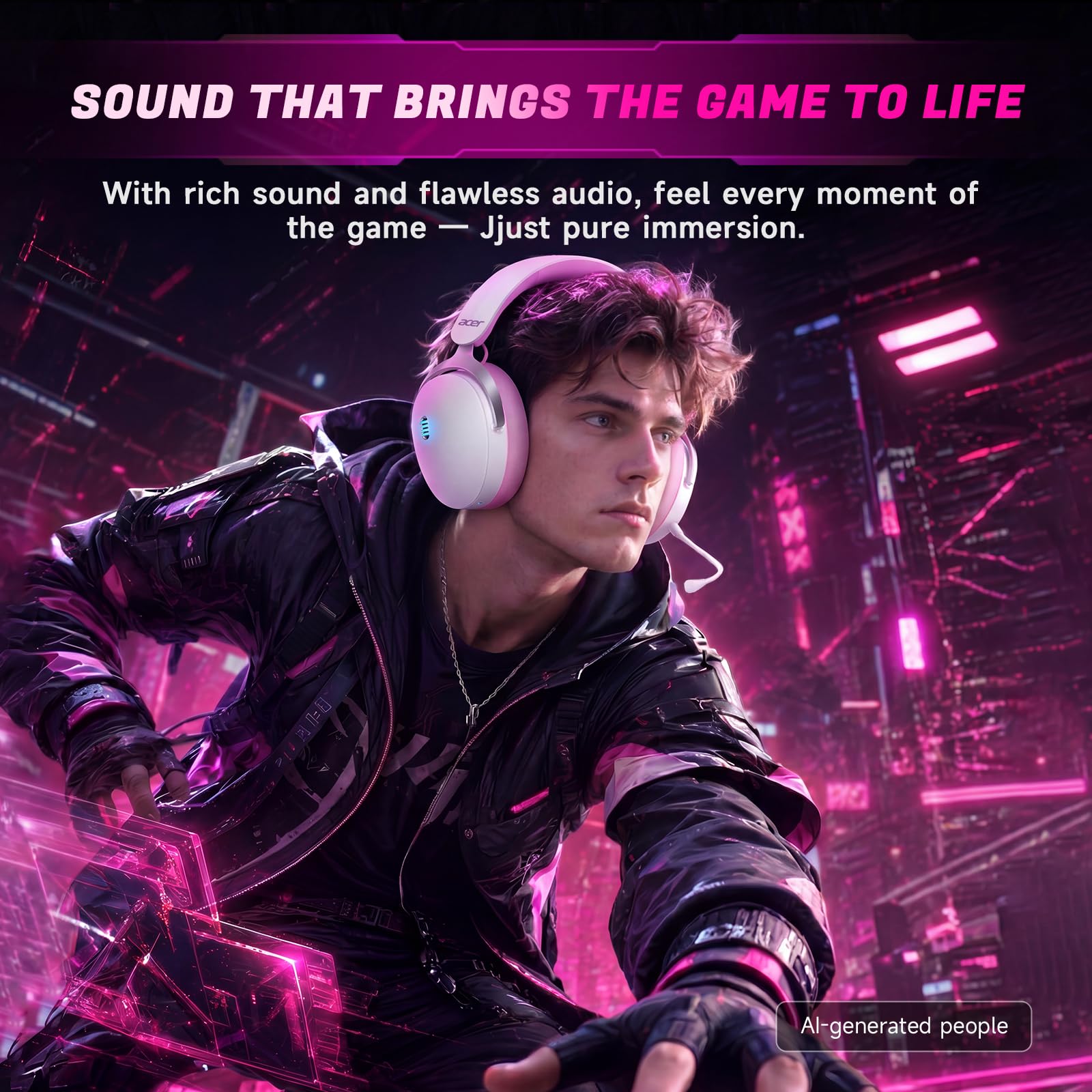 Acer Cuffie da gioco wireless da 2,4 GHz per PS5, PS4, PC, Switch, cuffie da gioco tri-mode con microfono a cancellazione del rumore, suono stereo, batteria 40+ore, driver da 50 mm - rosa-bianco