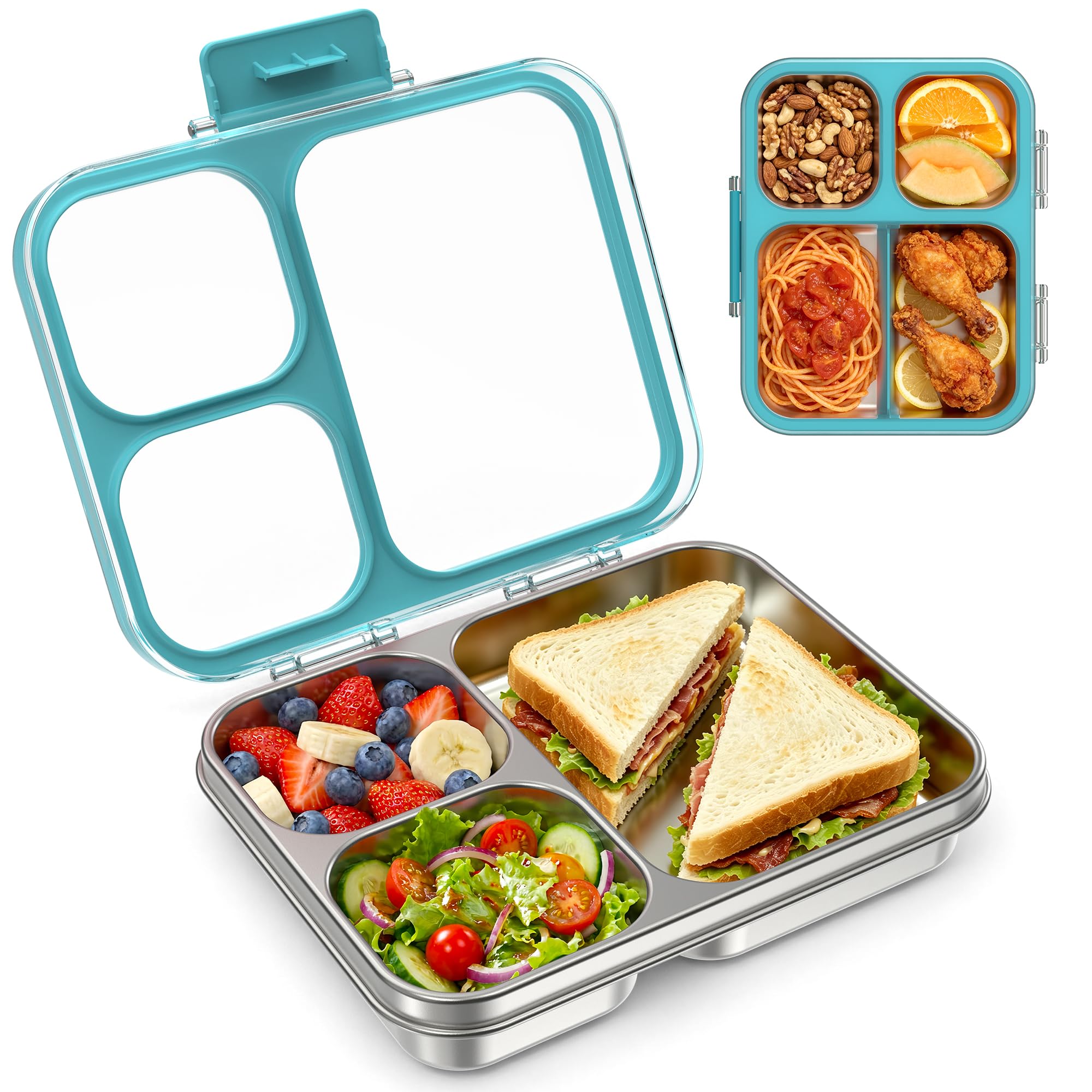 LOHASOK Stainless Steel Bento Lunch Box, 34oz/1000ml, Blue | 3-Compartment, Leak Proof, Lightweight, Clear Plastic Lid, for Kids Adults, BPA/BPS Free, Dishwasher Safe
