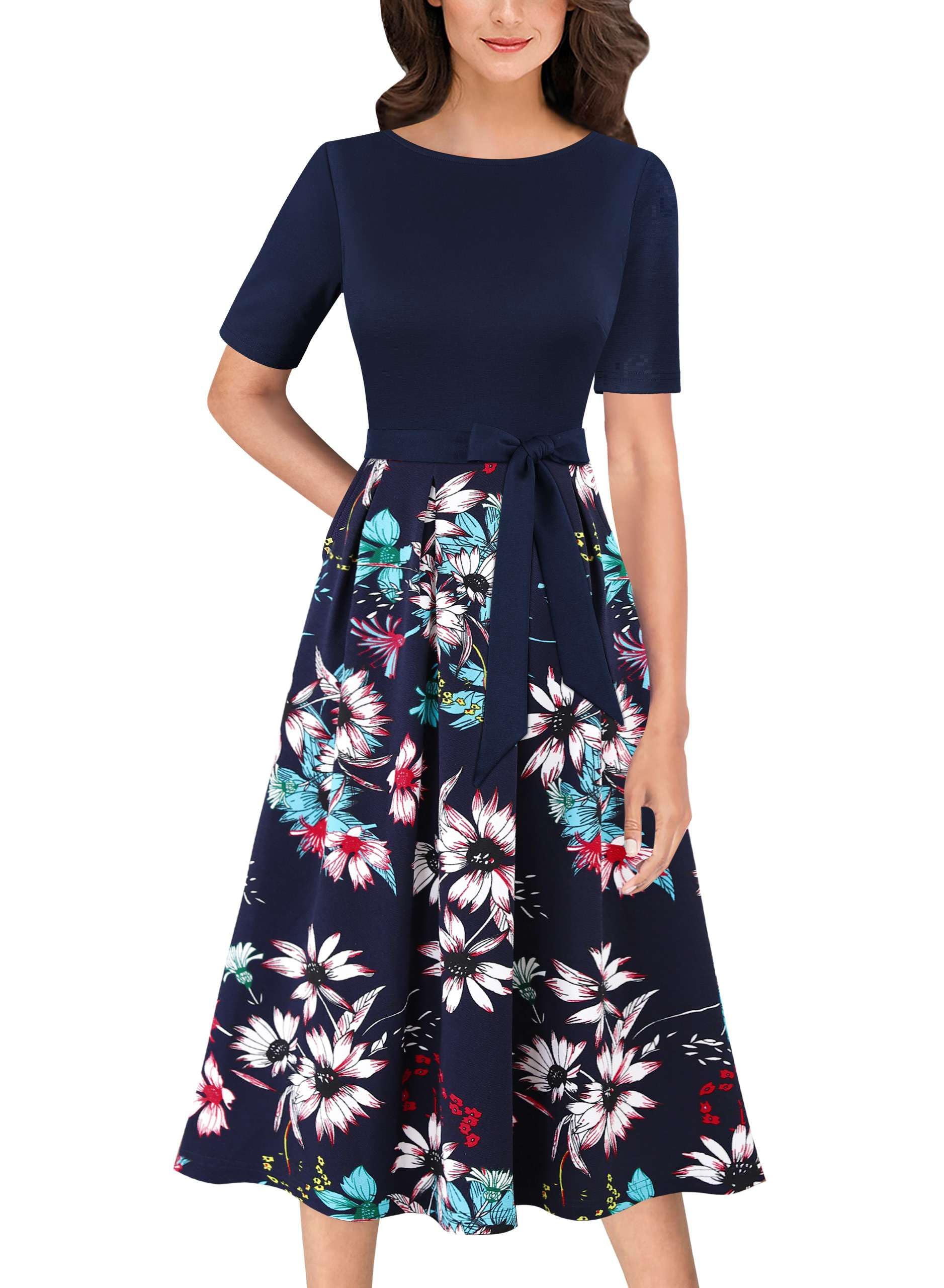 VFSHOW Womens Work Business Casual Church Pockets Belted A-Line Midi Dress