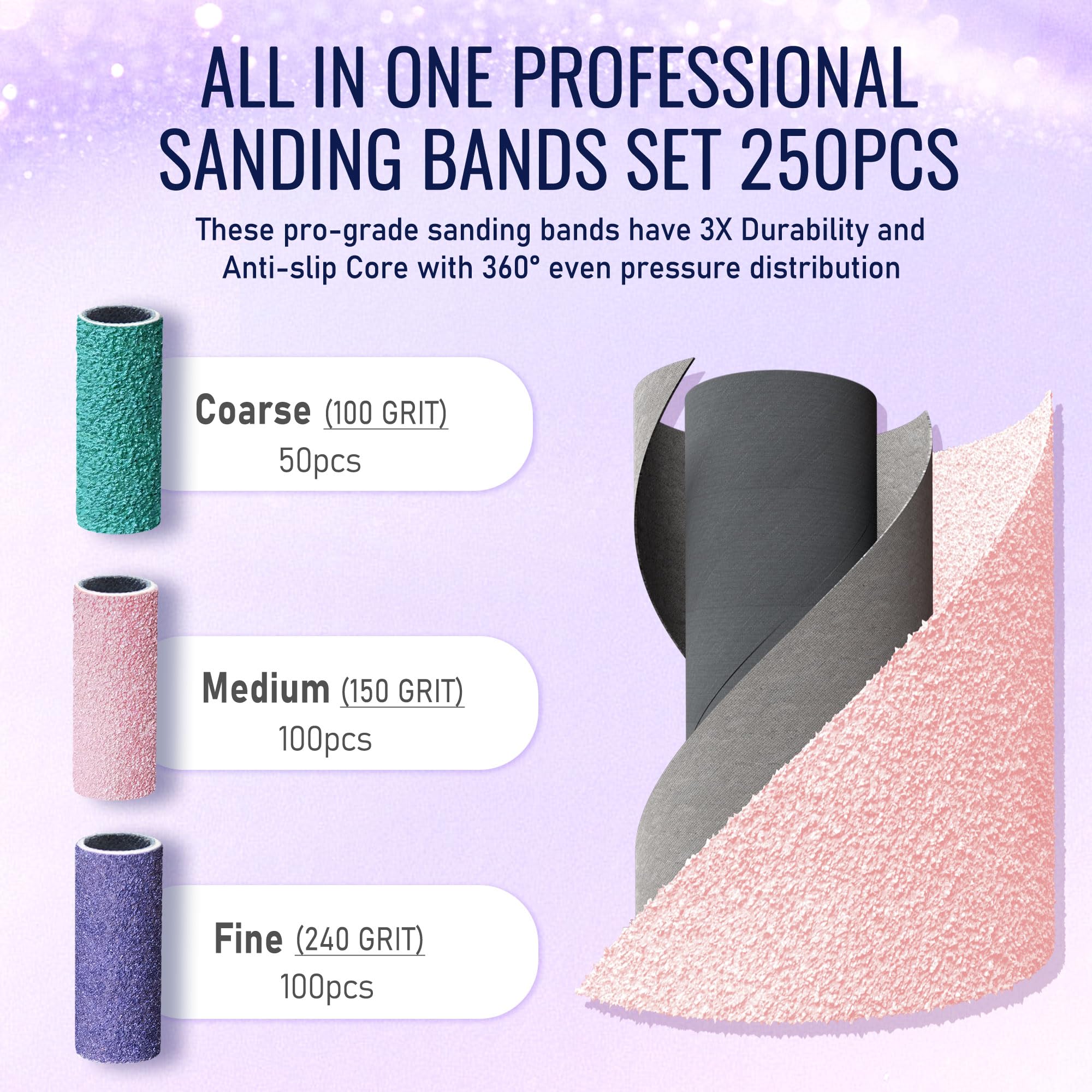 Maryton 250 mini bandas de lijado para taladro de uñas con broca de mandril, grano 100/150/240 grueso/medio/fino banda de lijado a granel para salones profesionales de manicura y pedicura