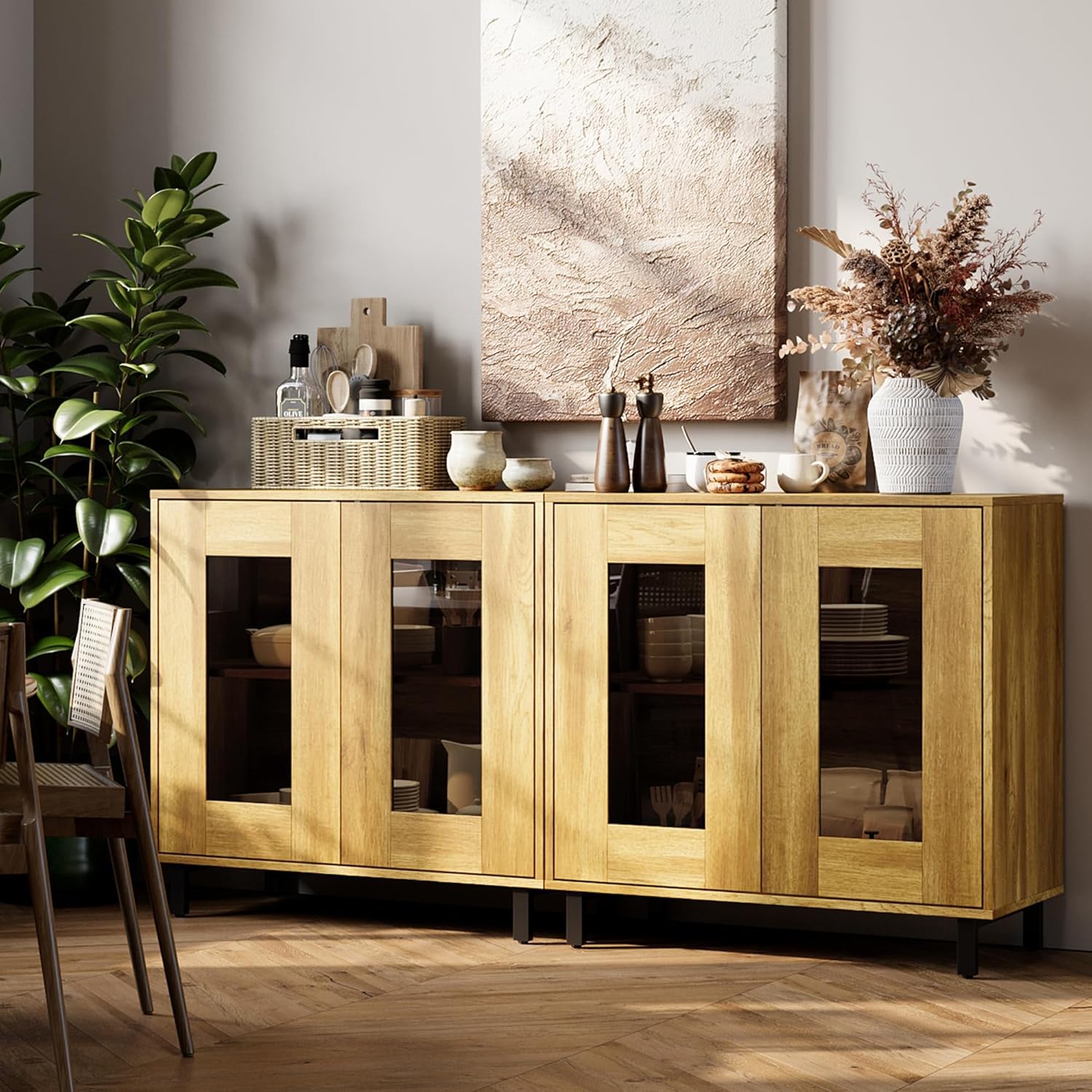 FENSULN Modular 2 in 1 Sideboard with Brown Tempered Glass Door, Accent Display Buffet Cabinet Credenza with Storage and Adjustable Shelves for Living Room Entryway Coffee Bar,Oak