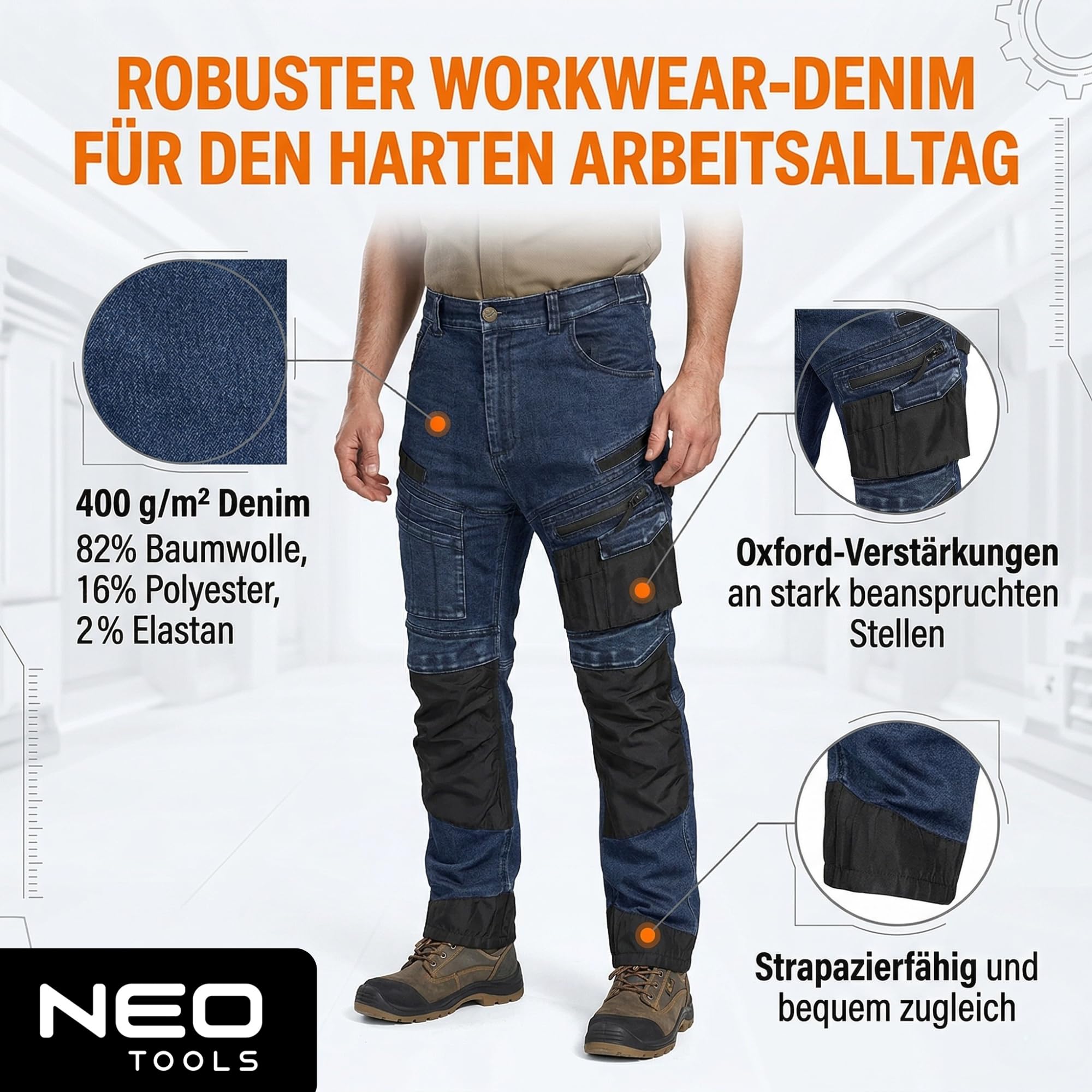 NEO TOOLS Robuste Jeans Arbeitshose, Strapazierfähige Bundhose für Herren | Aus Denim, 400 g/m² mit Kniepolstertaschen, Oxford-Verstärkungen & Stretch-Anteil