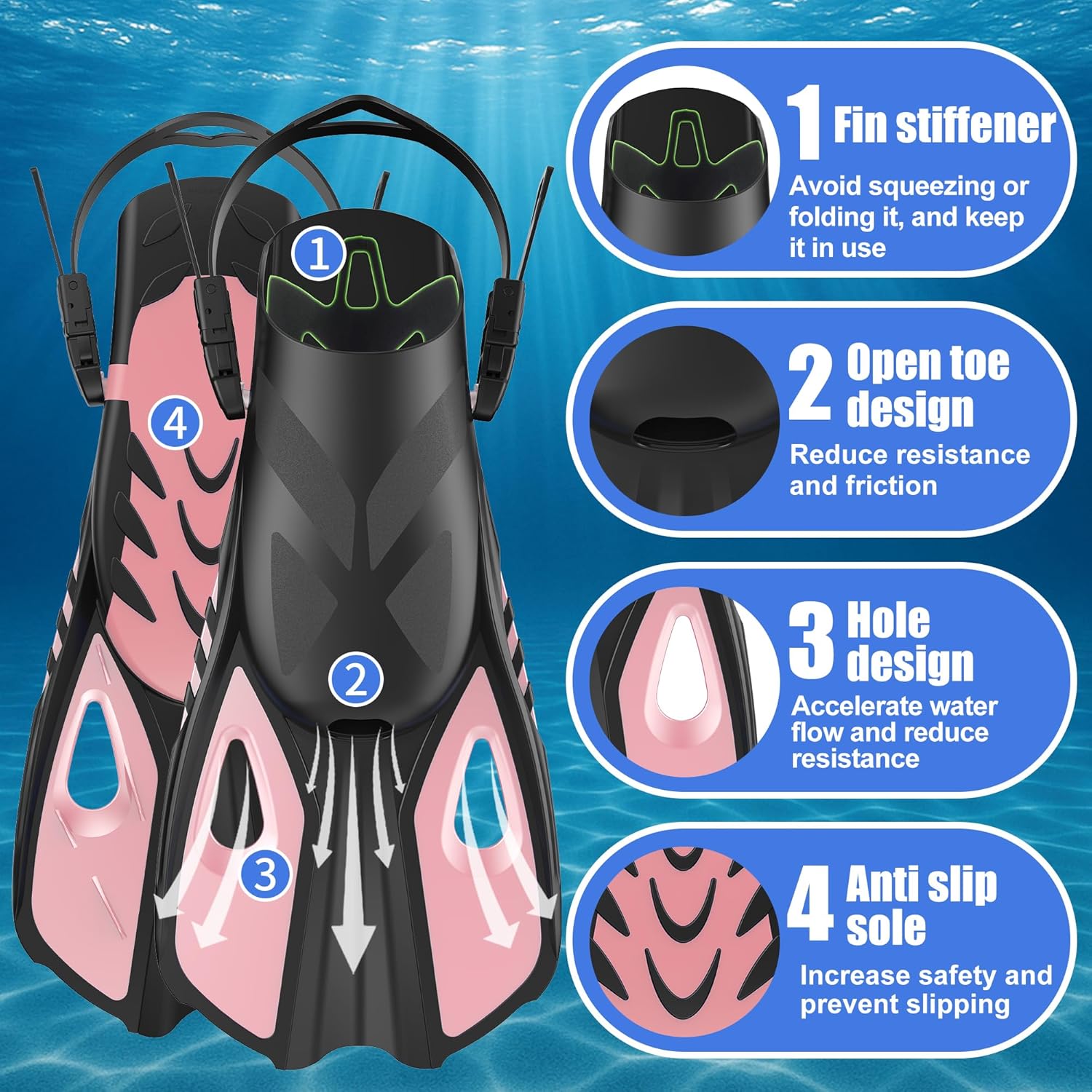 snorkel fins, swim fins travel size short adjustable for snorkeling diving adult men women open heel swimming flippers pink l/xl (us men 8.5-11.5 / women 9.5-12.5)