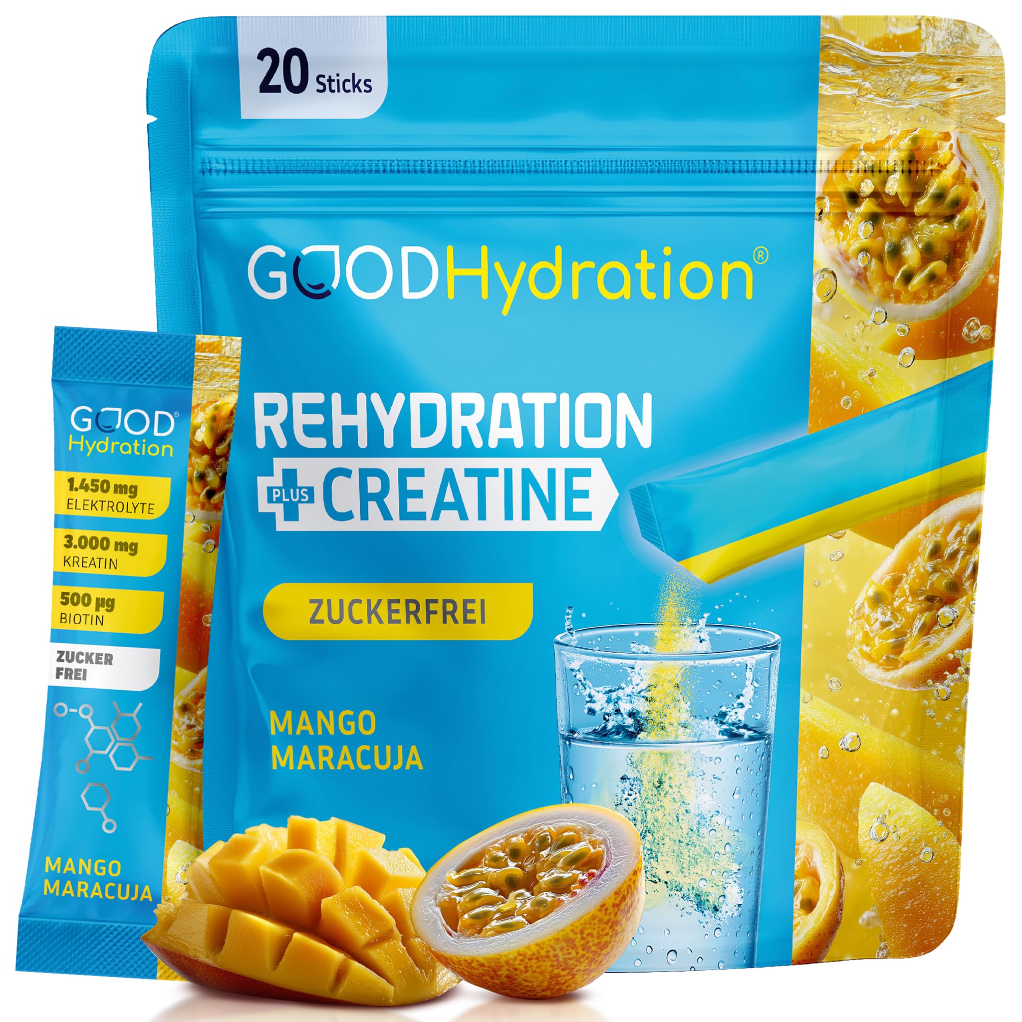Rehydration PLUS KREATIN Mango Maracuja - Weltneuheit: 1450mg Elektrolyte plus Creatine Monohydrate - OHNE ZUCKER - mit Biotin und 6 Vitaminen – Elektrolytpulver für Sport - 20 Sticks