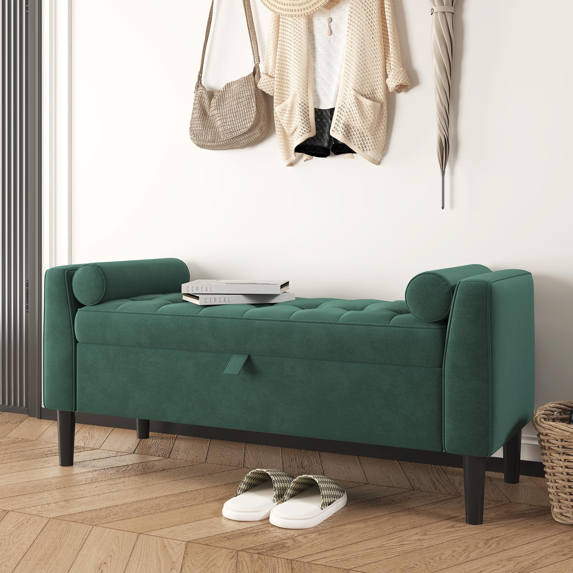 GarveeHome 118cm Storage Ottoman Footstool – Upholstered Shoe Bench with Rolled Arms & Solid Wood Legs, Space-Saving Bed End Stool for Hallway, Bedroom, Dressing Room & Living Room – Green