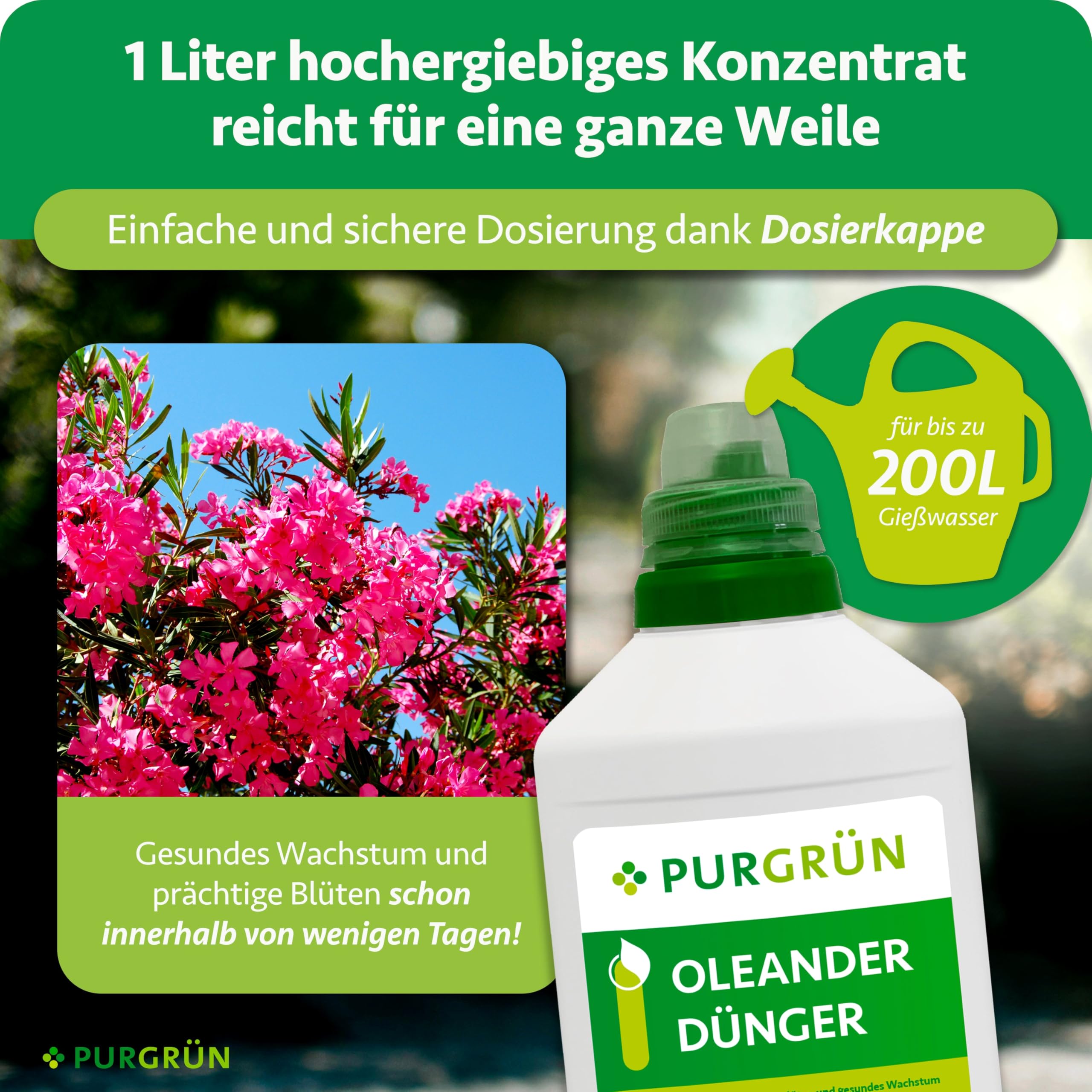 Oleander-Dünger 1 Liter – Prächtige Blüten und gesundes Wachstum – Premium-Flüssigdünger mit Spurennährstoffen – Erhöhte Widerstandskraft dank Kalium – Konzentrat für 200 Liter Gießwasser