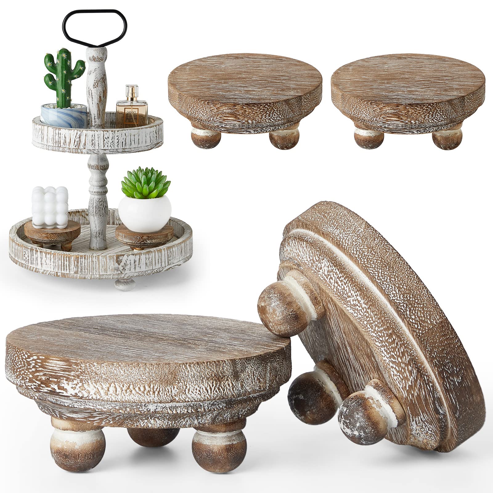Yalikop Set of 4 Mini Wood Risers for Decor Round Wooden Riser Small Wooden Stool Display Decorative Farmhouse Rustic Wood Pedestal Stand for Plant Pot Tiered Tray Cake Food Home(Brown)