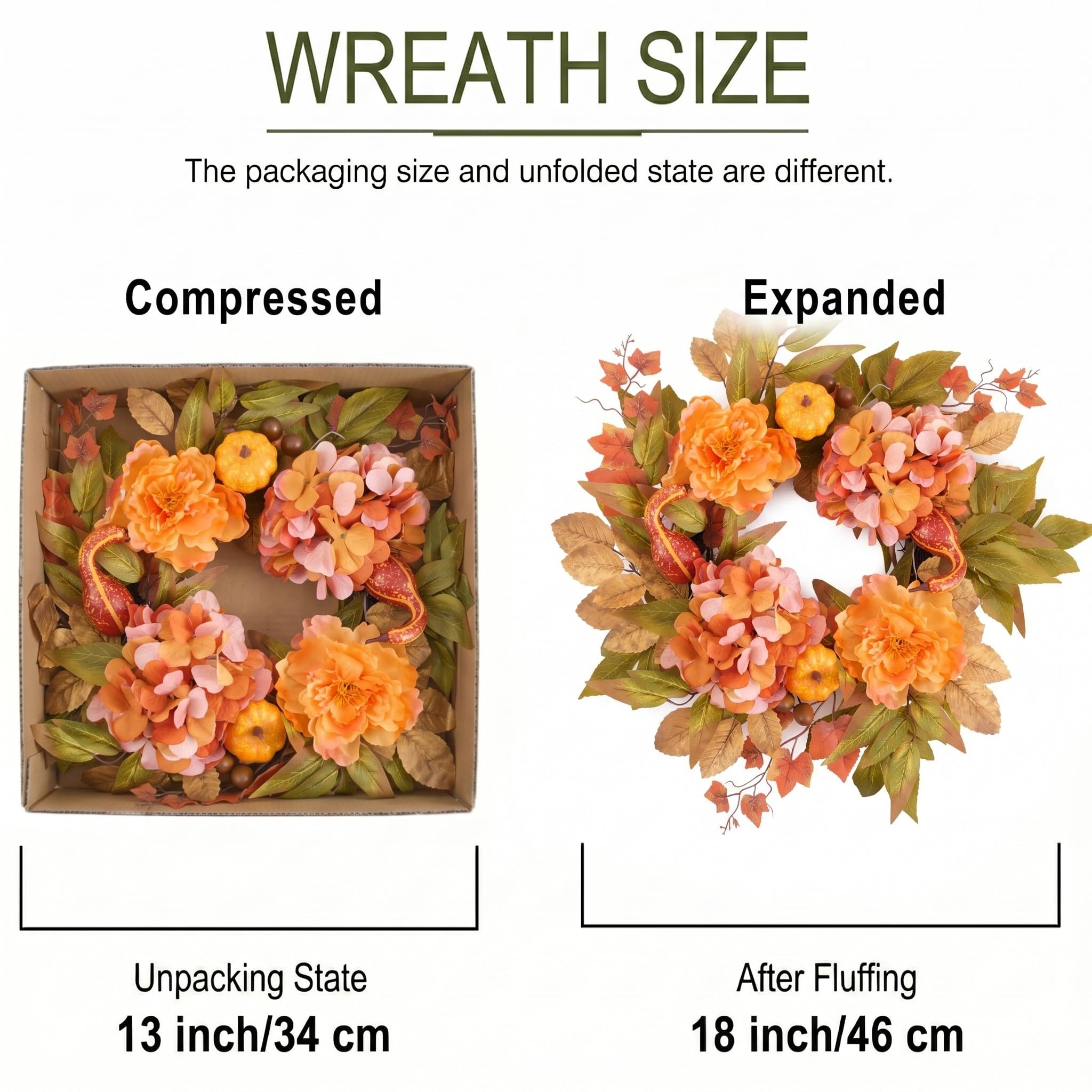 DecorbyHannah Couronne d'automne pour porte d'entrée avec lumières et hortensia pivoine 45,7 cm
