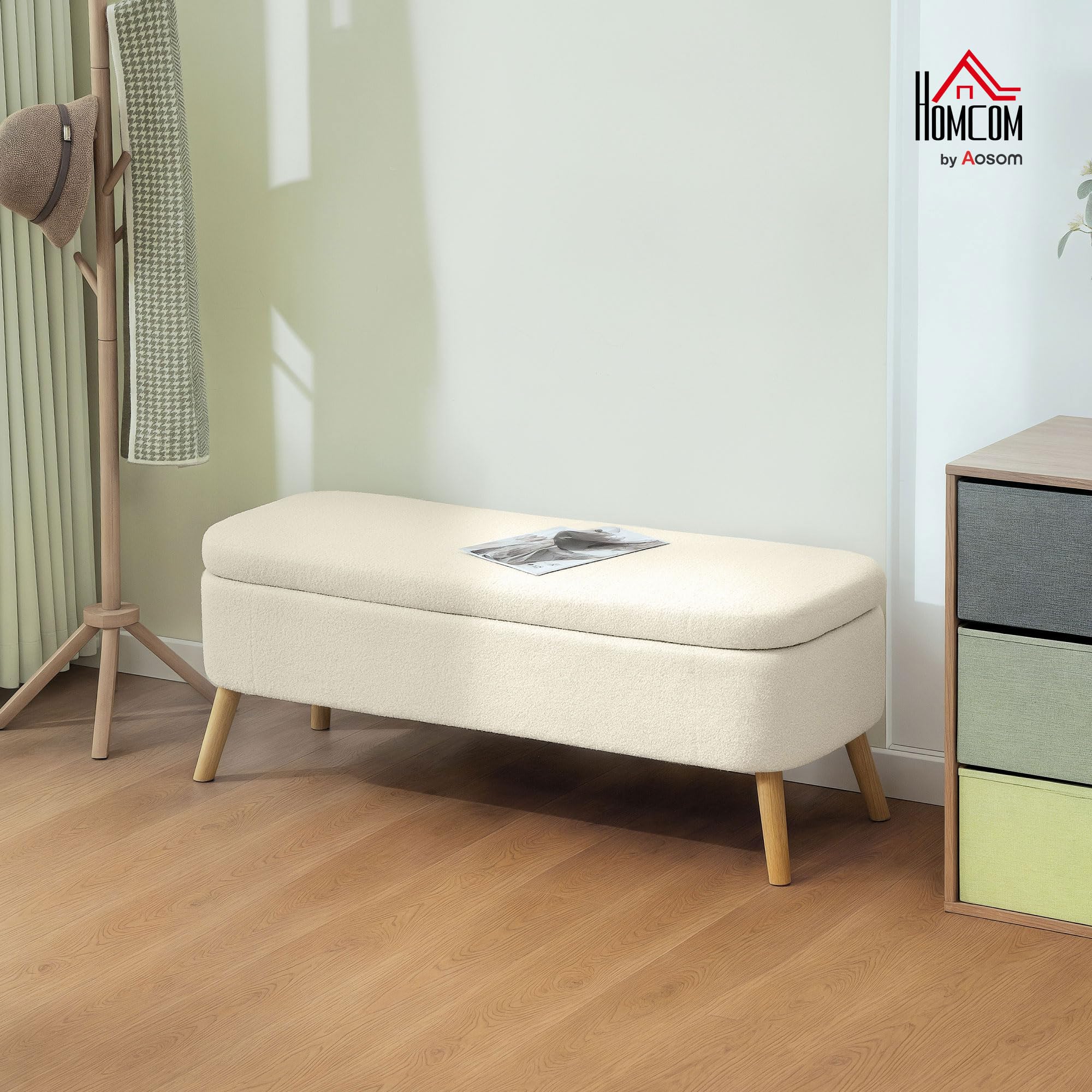 HOMCOM Banc de Rangement en Polaire Teddy 65L Couvercle 120x42x45cm Beige