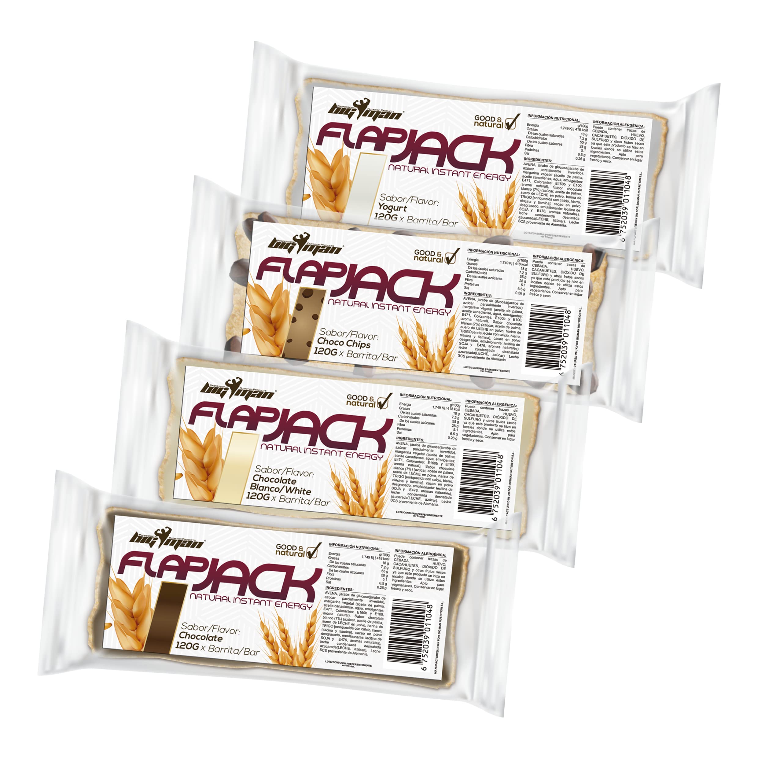 BigMan | FlapJack 12 Unidades 120g | Barritas de Avena Natural | Barrita de Alta Carga de Carbohidratos | Extra de Calorias Deporte Resistencia (Chocho Chips)