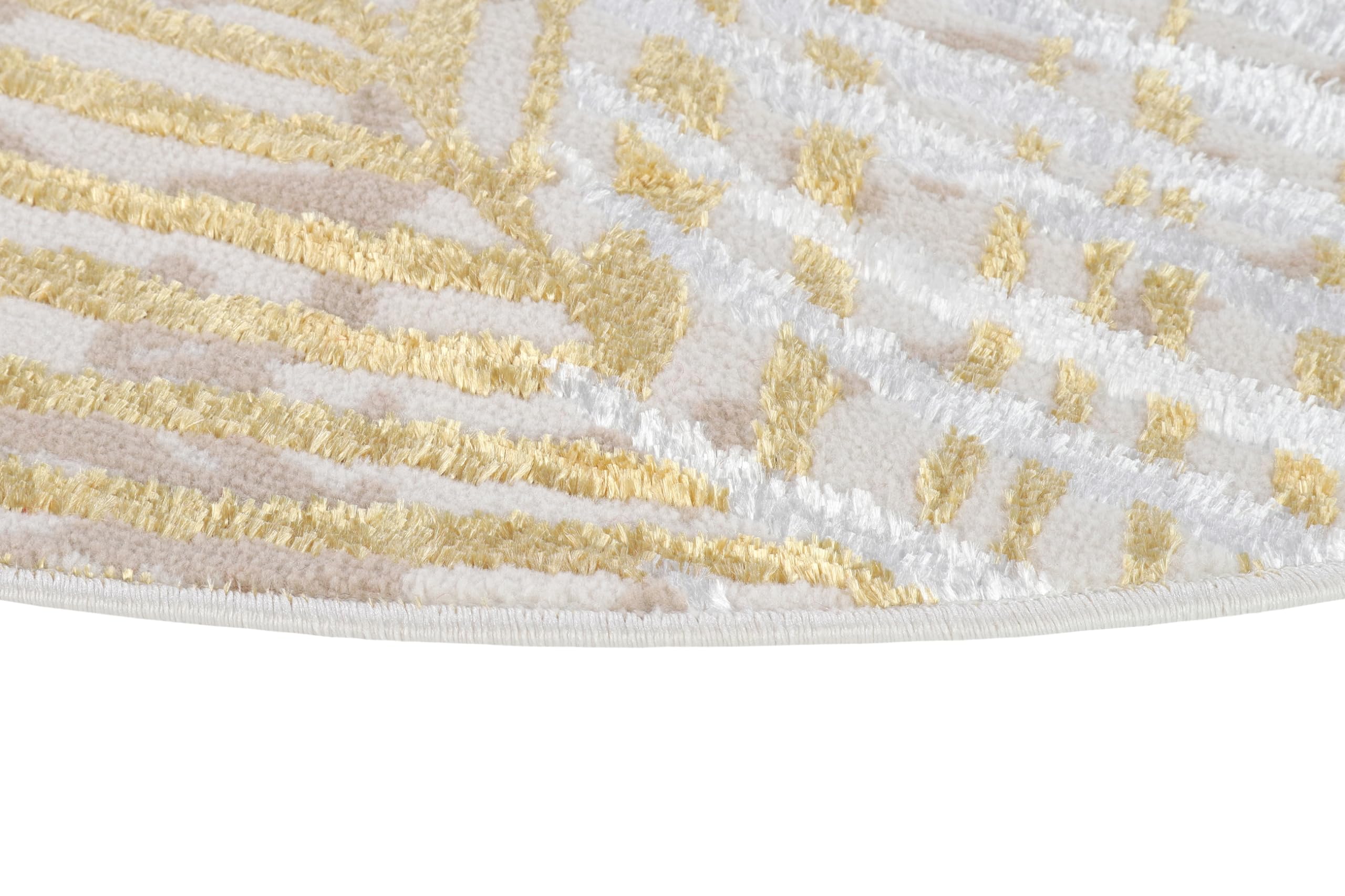 TAPISO Crystal Rund Teppich Kurzflor Glänzend Gold Weiß 120 x 120 cm | Palmenblätter Feder 3D Effekt Wohnzimmer Schlafzimmer Modern Design OEKO-TEX