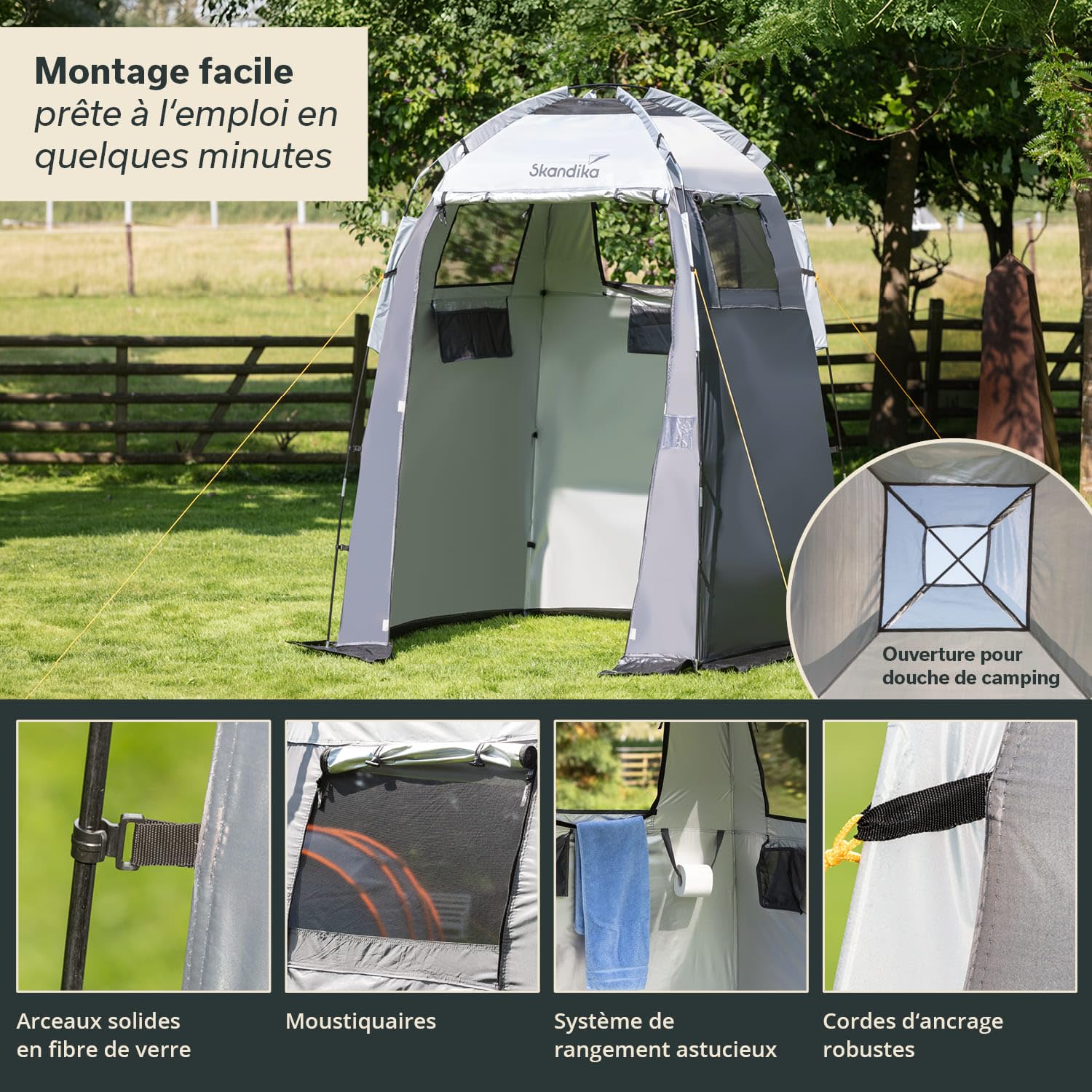 Skandika Camping Tente de Douche et Vestiaire | Grande, Hauteur 230 cm, Revêtement Argenté, Opaque | Sol Séparé, 3 Fenêtres, Porte-Serviettes, Fixation Pour la Douche | Toilette