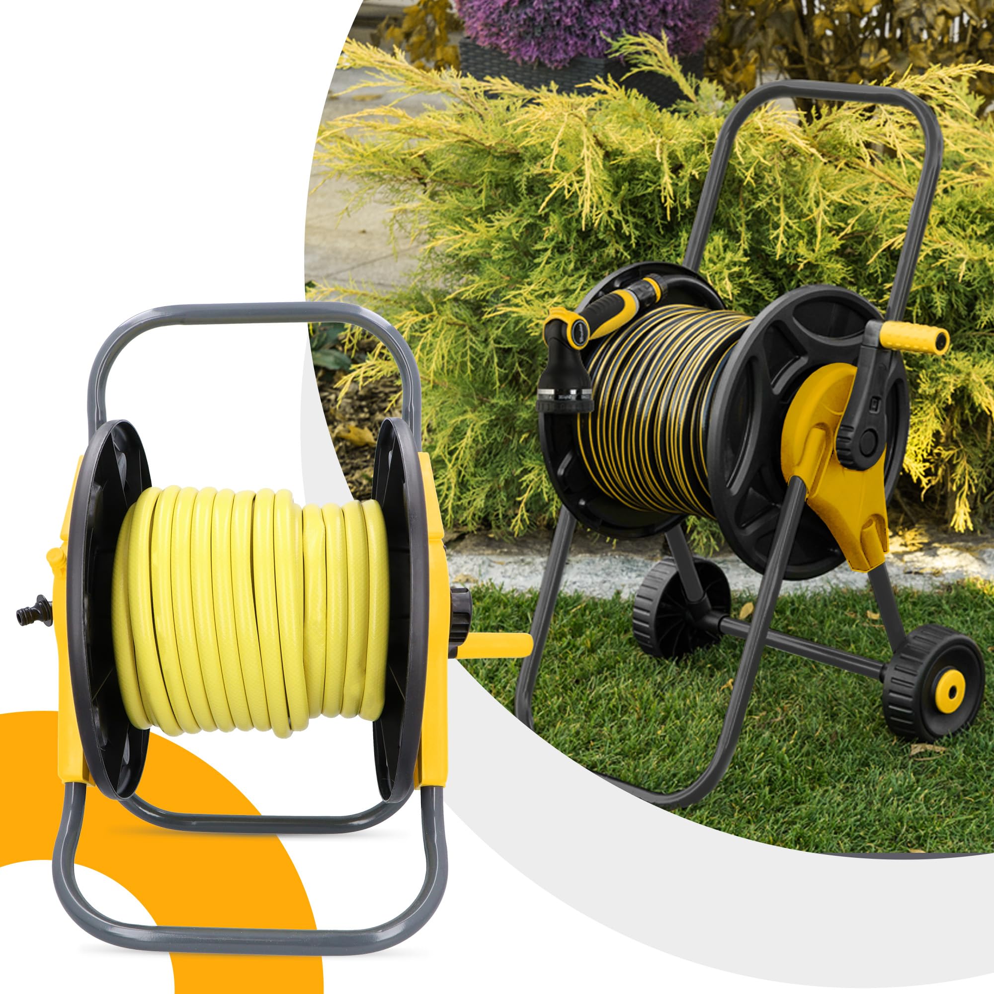 Carrete Carro Portamanguera Enrollador 60 m 1/2" Soporte Para Jardín Tambor Para Manguera Sistema Anti-Enredos Guía Estable Para Uso Exterior Riego No Enredado