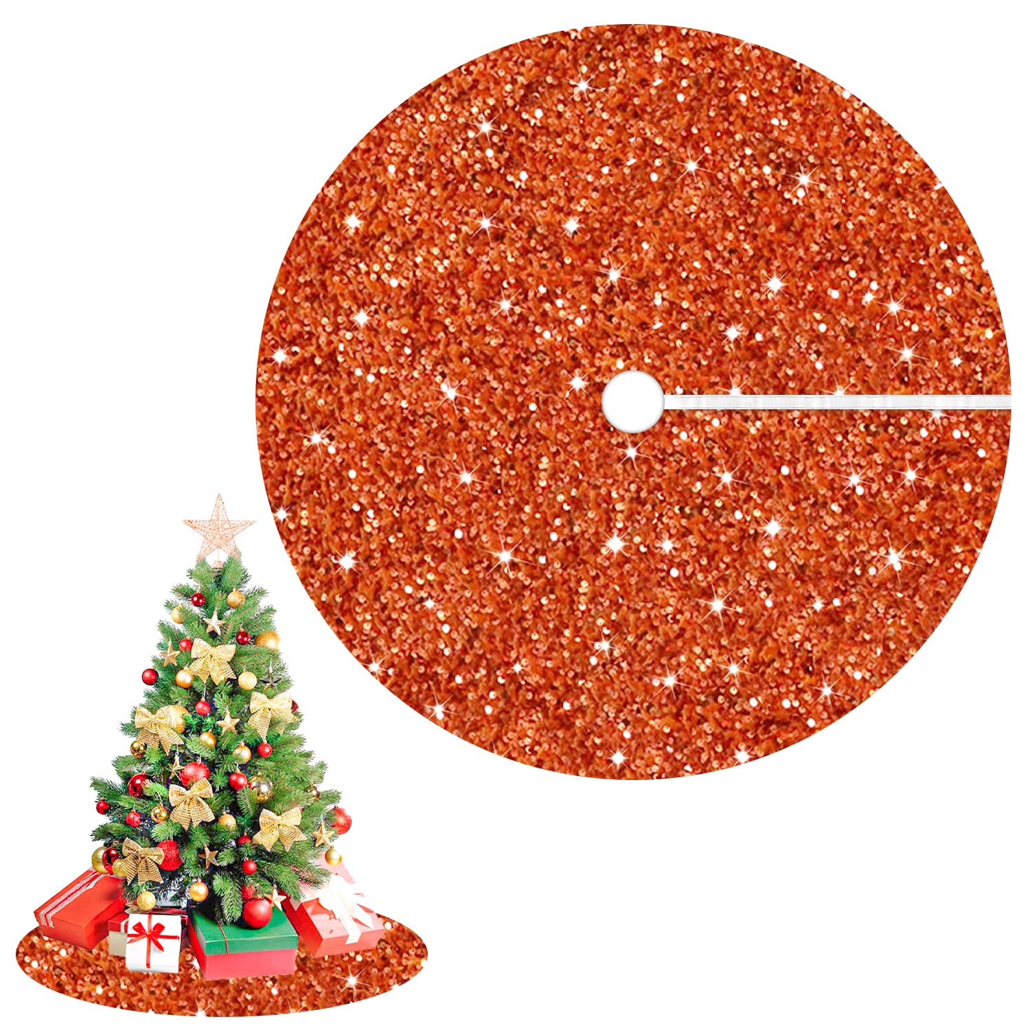 Orange Christmas Tree Skirt 46 Inches Sequin Velvet Tree Skirts Sparkle Hhalloween Tree Skirts Glitter Tree Skirt Mat Fall Tree Skirt for Thanksgiving Christmas Burnt Orange Decorations