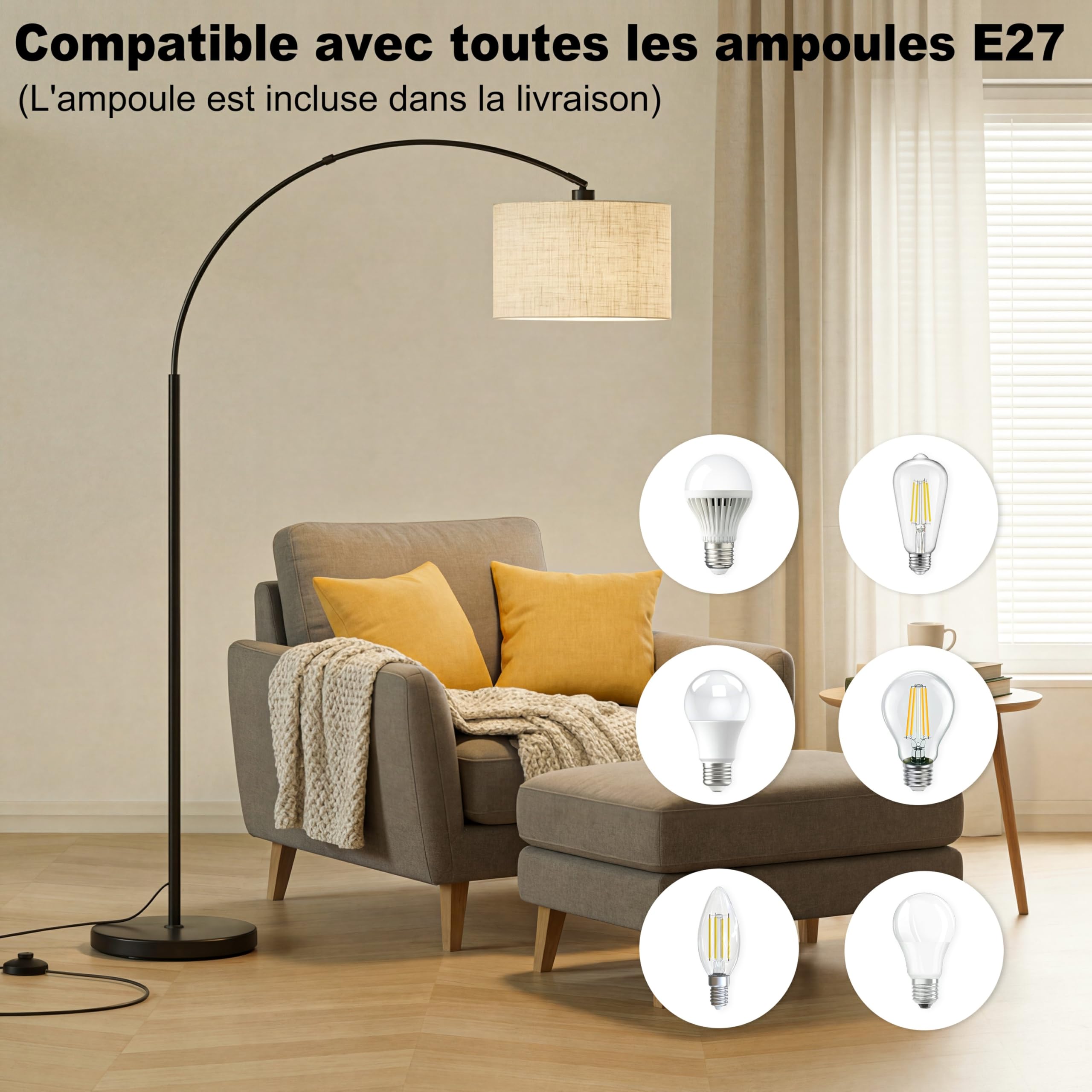 Moderne Bogen-Stehlampe für Wohnzimmer, 3-stufige Farbtemperatur (3000K/4500K/6000K) per Fußschalter, 180 cm höhenverstellbare Bogen-Leselampe mit E27 LED-Lampe für Schlafzimmer, Büro, Beige