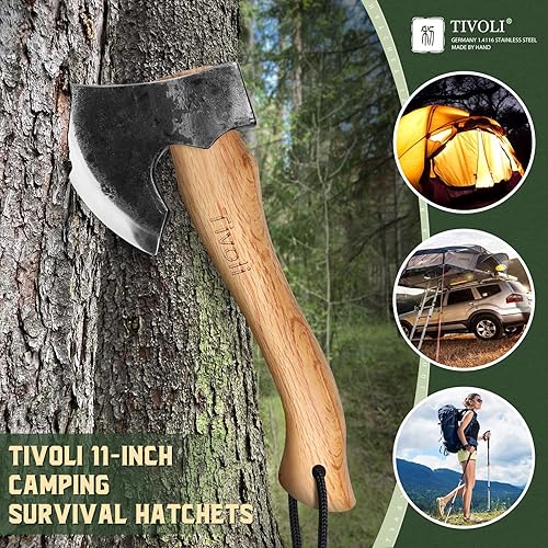 Miniatura 2 de Tivoli Hacha de campamento de hacha de 11 pulgadas, hacha pequeña para cortar y dividir madera, mango de madera de fresno, perfecto para