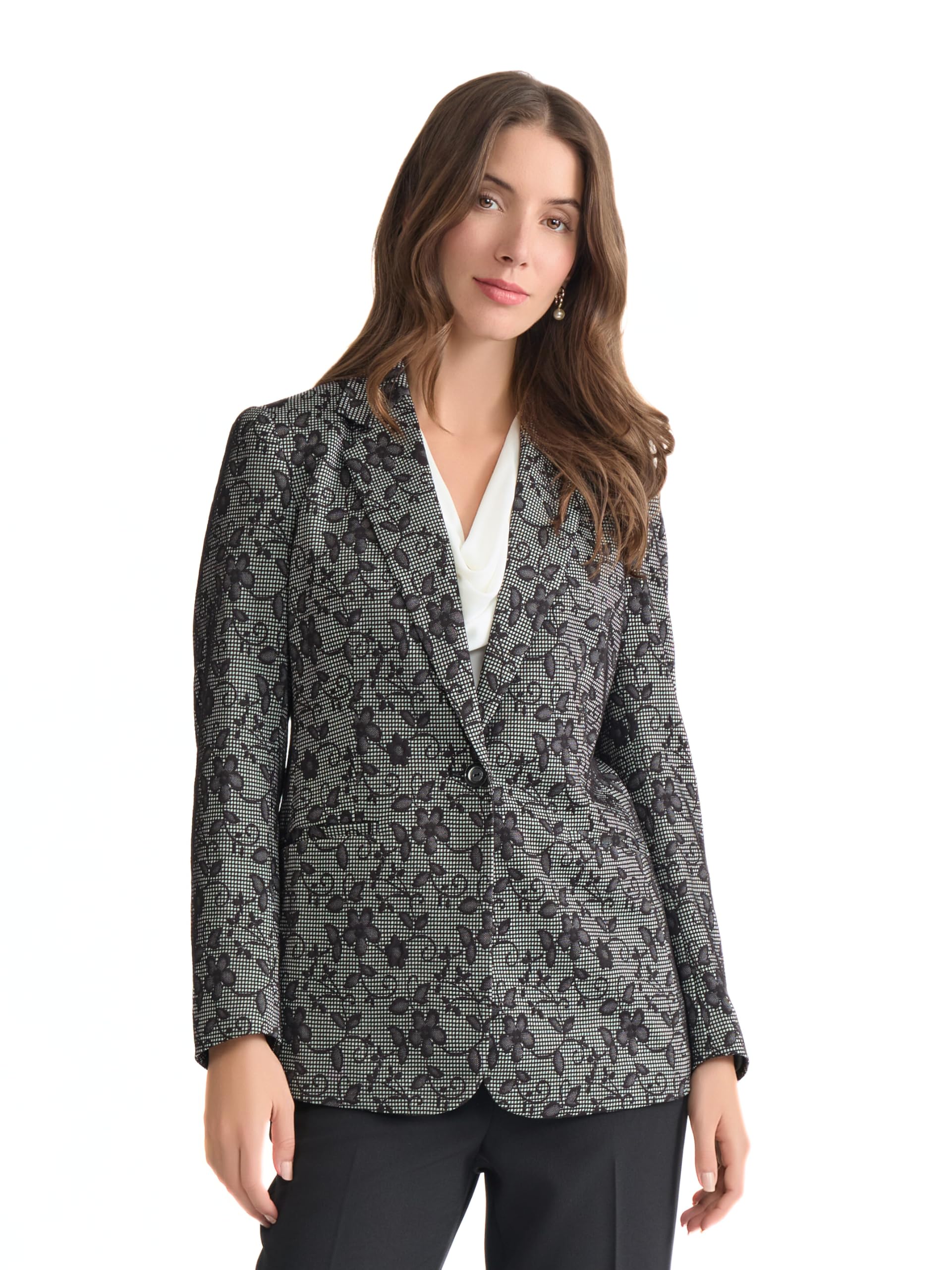Kasper Womens Floral Knit Long One-Button Blazer