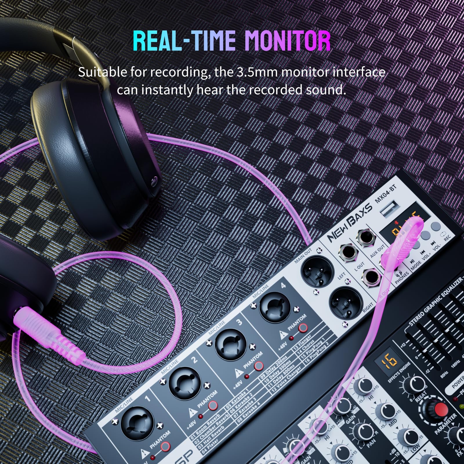 Professional Audio Mixer, 4 Channel Audio Interface Sound Board Mixing Console System Monitor, NEW BAXS 16-Bit DSP DJ Bluetooth Mixer +48V Phantom Effect For Karaoke Studio Streaming Recording