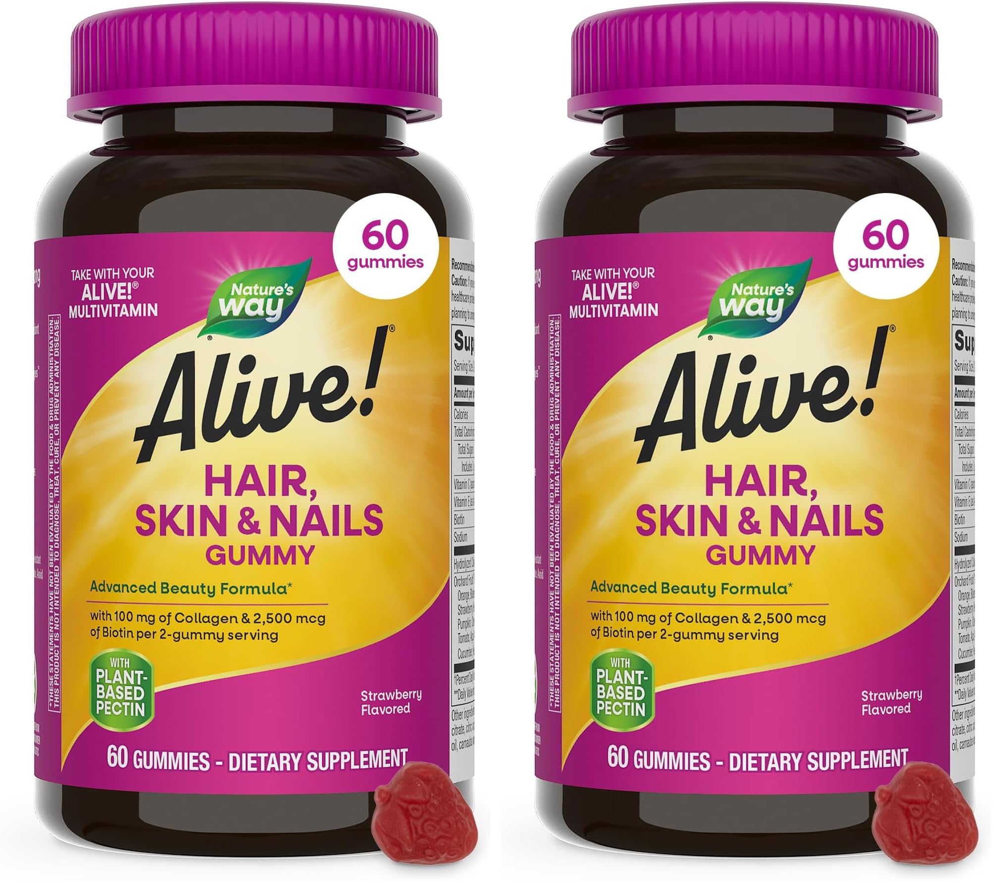 Nature's Way Alive! Hair, Skin & Nails Gummies, Advanced Beauty Formula*, with Biotin and Collagen, Strawberry Flavored, 60 Gummies (Packaging May Vary) (Pack of 2) Strawberry 60 Count (Pack of 2)