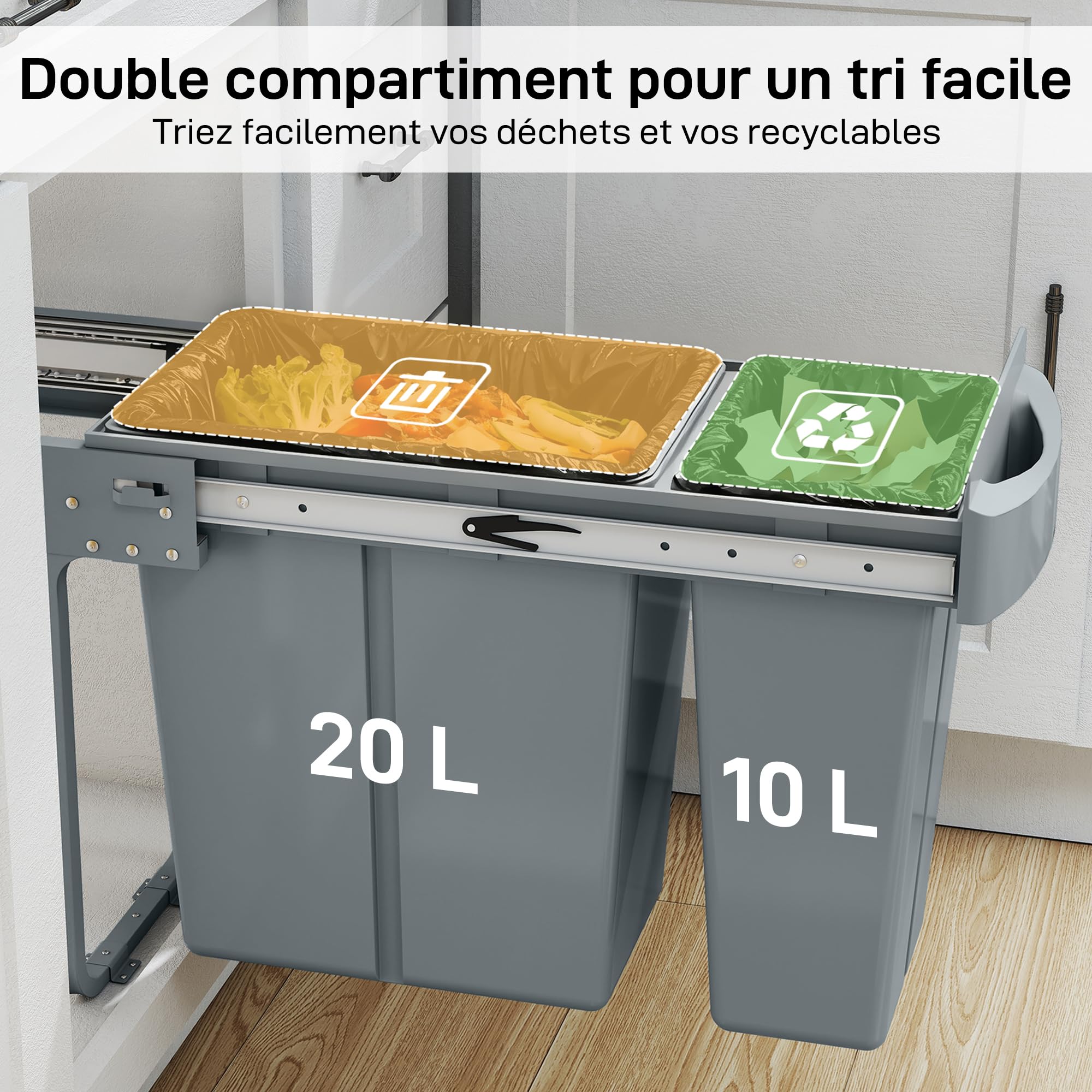 HOMCOM Poubelle Cuisine Coulissante Encastrable 30L Couvercle Motif Losange | 2 Compartiments Amovibles, Poubelle Sous Évie, Coulissement Fluide, Poignée, pour Déchets Recyclage