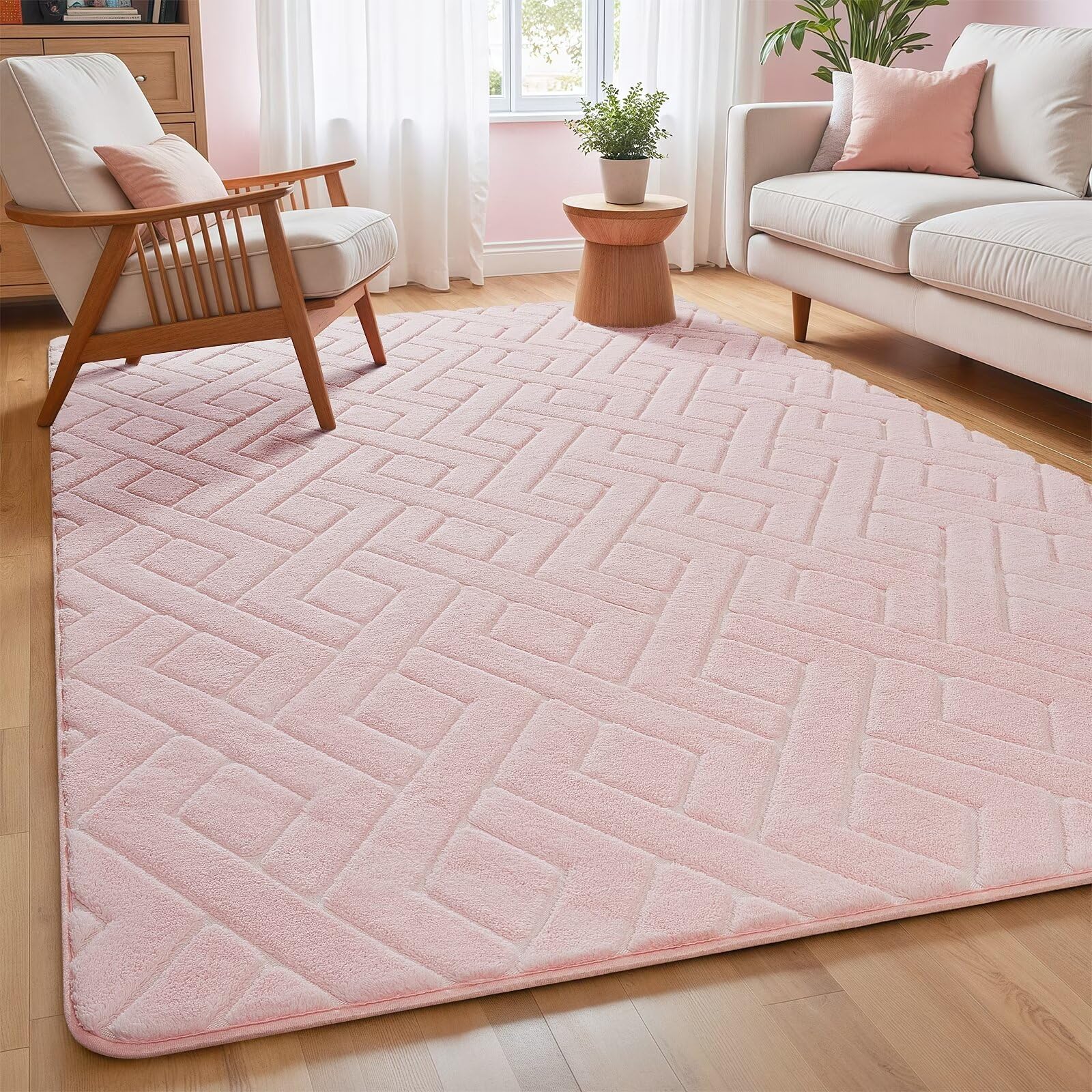 Macgace Ultra Soft Pink Area Rug for Living Room, 5x7 Modern Geometric Shag Rugs with Nonslip Backing for Bedroom, Washable Fuzzy Carpet for Cozy Kids