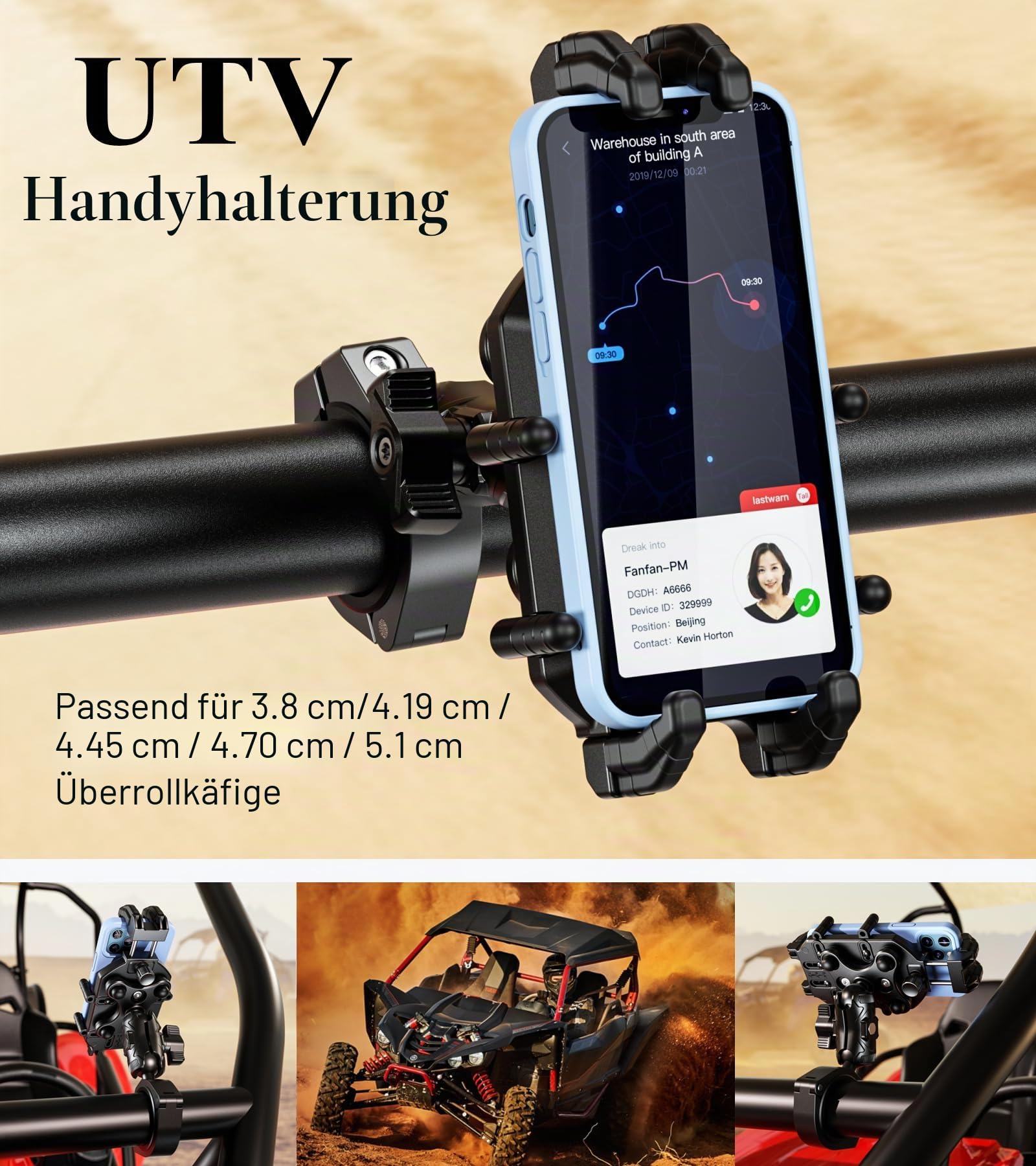 BRCOVAN UTV Handyhalterung mit Vibrationsdämpfer | Diebstahlsichere UTV Handyhalter, Verstellbar, für 1,5''/1,65''/1,75''/1,85''/2'' Überrollkäfigstange, für 5,4-7,2'' Telefone