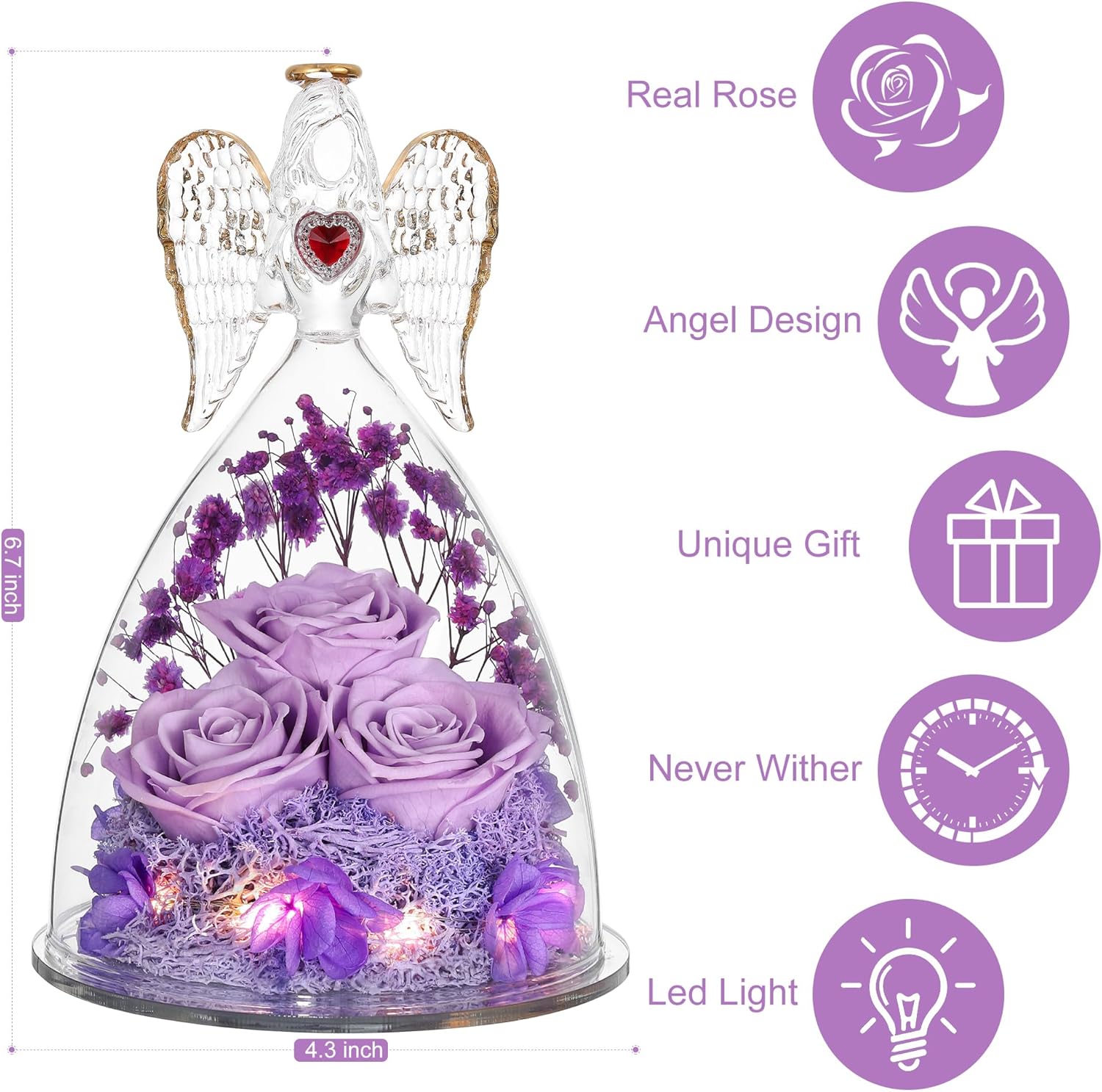 Mothers Day Rose Gifts for Women,Preserved Flower Unique Three Roses, Angels Gifts for Her on Christmas,Valentines Day Birthday.Lightpurple