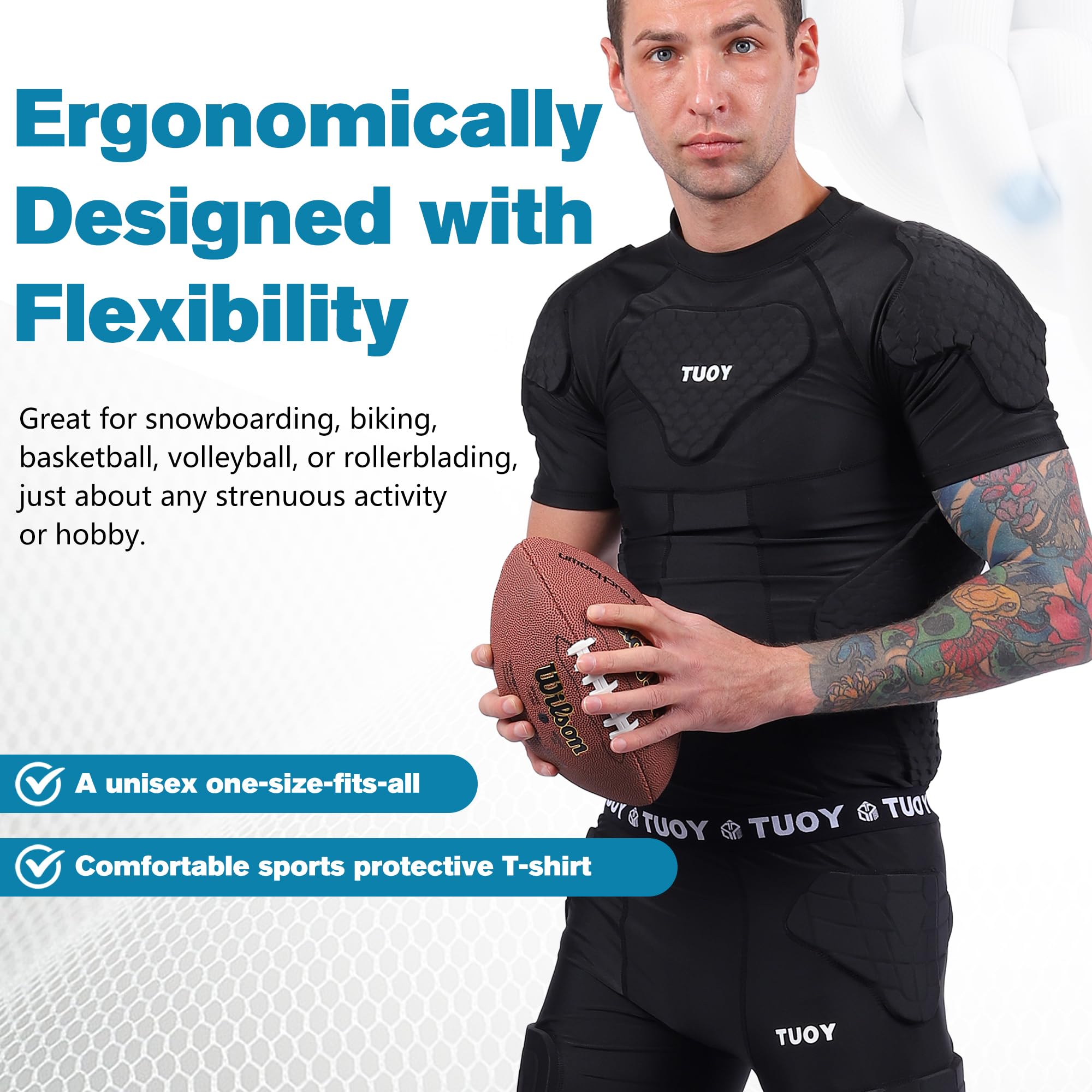 Camiseta de compresión acolchada para hombre, hombreras y protector de costillas, protector de pecho para adultos/jóvenes, béisbol, sóftbol, rugby, baloncesto, equipo de protección negro
