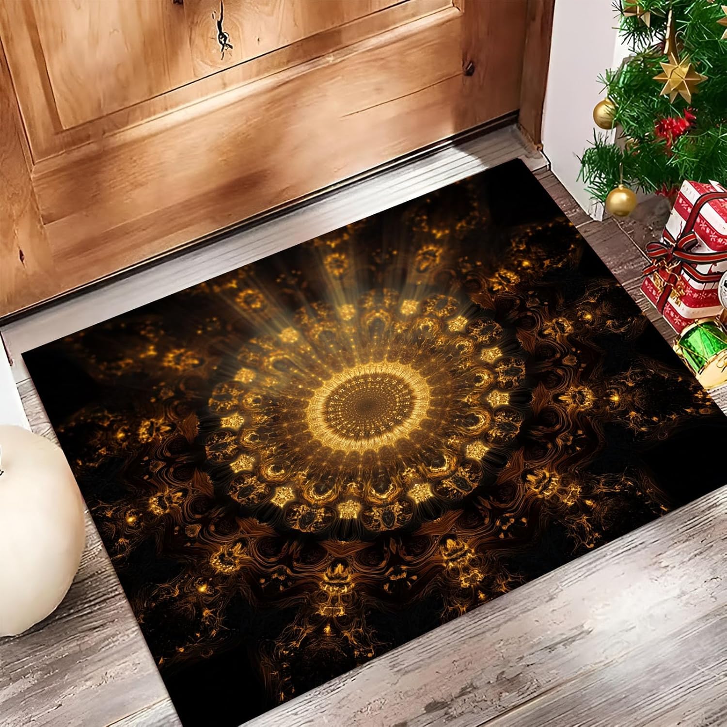 3D Shiny Mandala Easy Entryway Rug, Bronze 1'5"X2'5" Rugs for Living Room, Traditional Aesthetics Washable Indoor Carpet, Non Slip Stain Resistant Front Door Carpet for Bathroom Bedroom