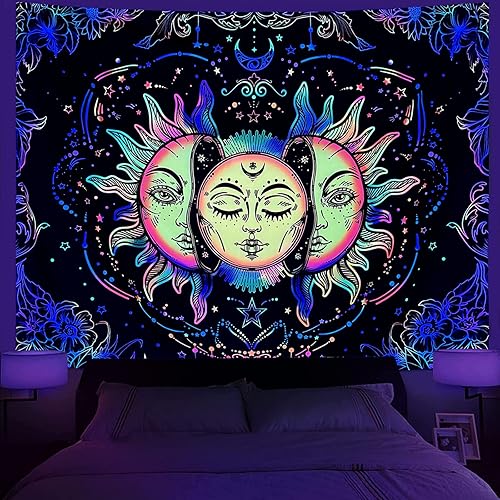 Miniatura 8 de Lifeella Tapiz de sol y luna con luz negra, tapices reactivos a los rayos UV que brillan en la oscuridad, estético místico para colgar en la pared,
