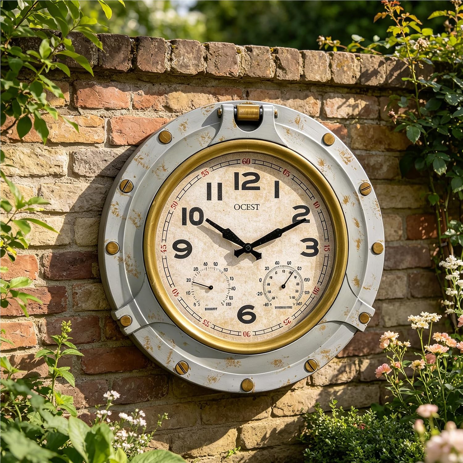 OCEST 18 Inch Indoor Outdoor Clock, Large Waterproof Wall Clock with Thermometer & Hygrometer, Silent Non-Ticking Battery Operated for Patio, Porch, Pool – Vintage Industrial Style