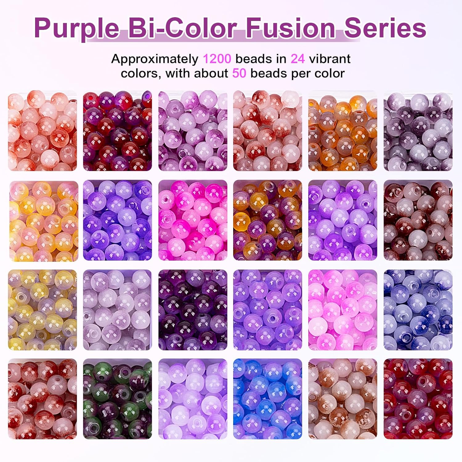 XSEINO About 1200+ pcs 6mm Glass Beads Bracelet Making Kit, 24 Assorted Purple Bi-Color Fusion Series Crystal Beads for Jewelry Making, DIY Crafts, Friendship Bracelets - Image 3