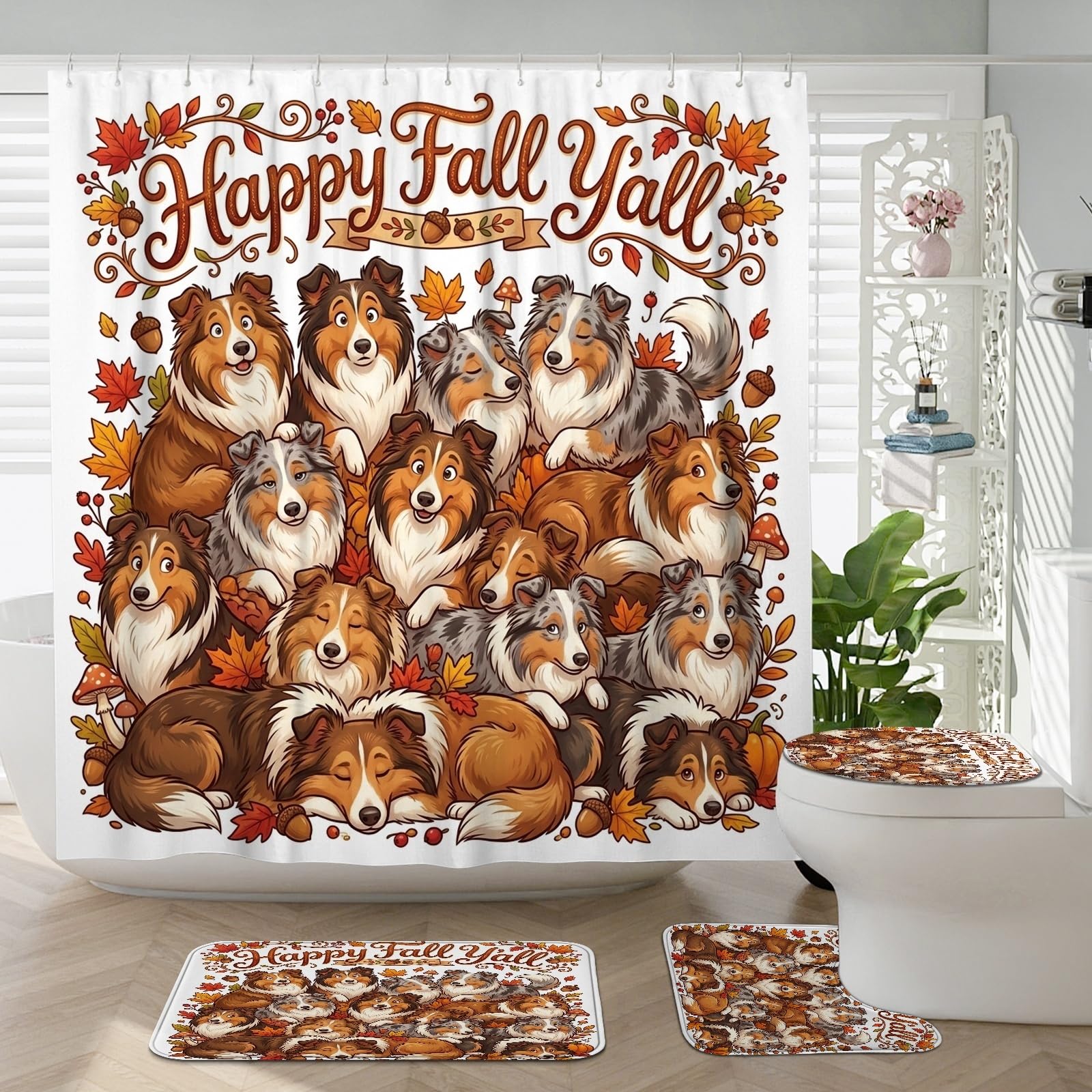 Rideau de douche avec tapis ensemble d'accessoires de salle de bain chien berger des Shetland WC
