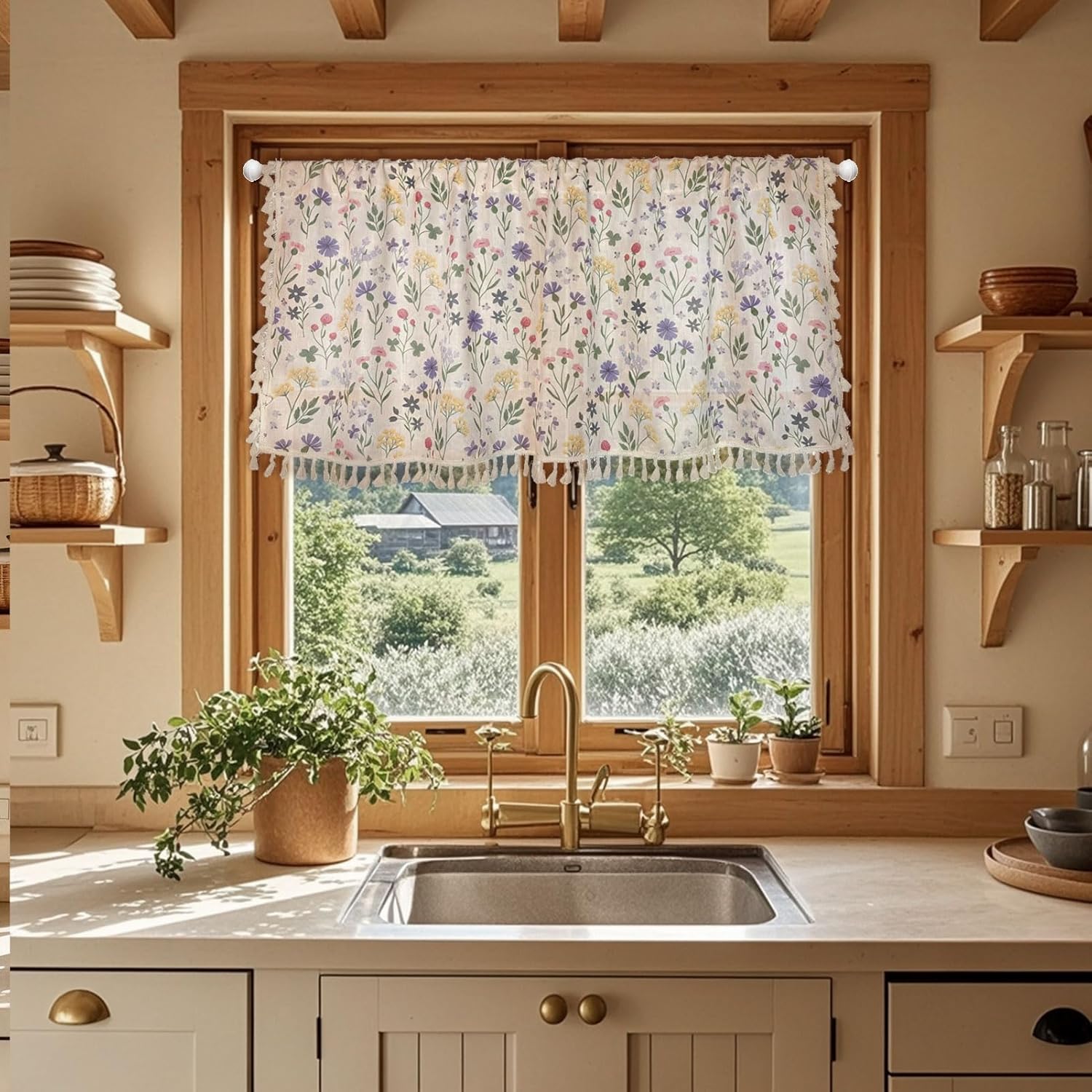 Spring Floral Valance Curtains for Kitchen 22 Inch Length Sheer for Living Room with Rod Pocket Light Filtering Linen Tier Sheer Small Boho Farmhouse Kitchen Curtain Valance, 1 Panel, Multi Color
