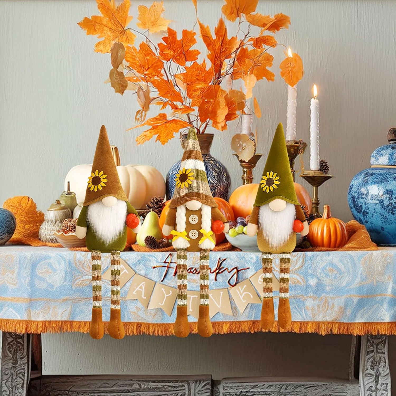 Christmas Decorations Fall Decor 3PCS Fall Pumpkin Gnomes Plush for Christmas Day Gift, Fall Decorations for Home, Fall Leaves and Dangle Legs Gnomes for Fall Table Ornaments