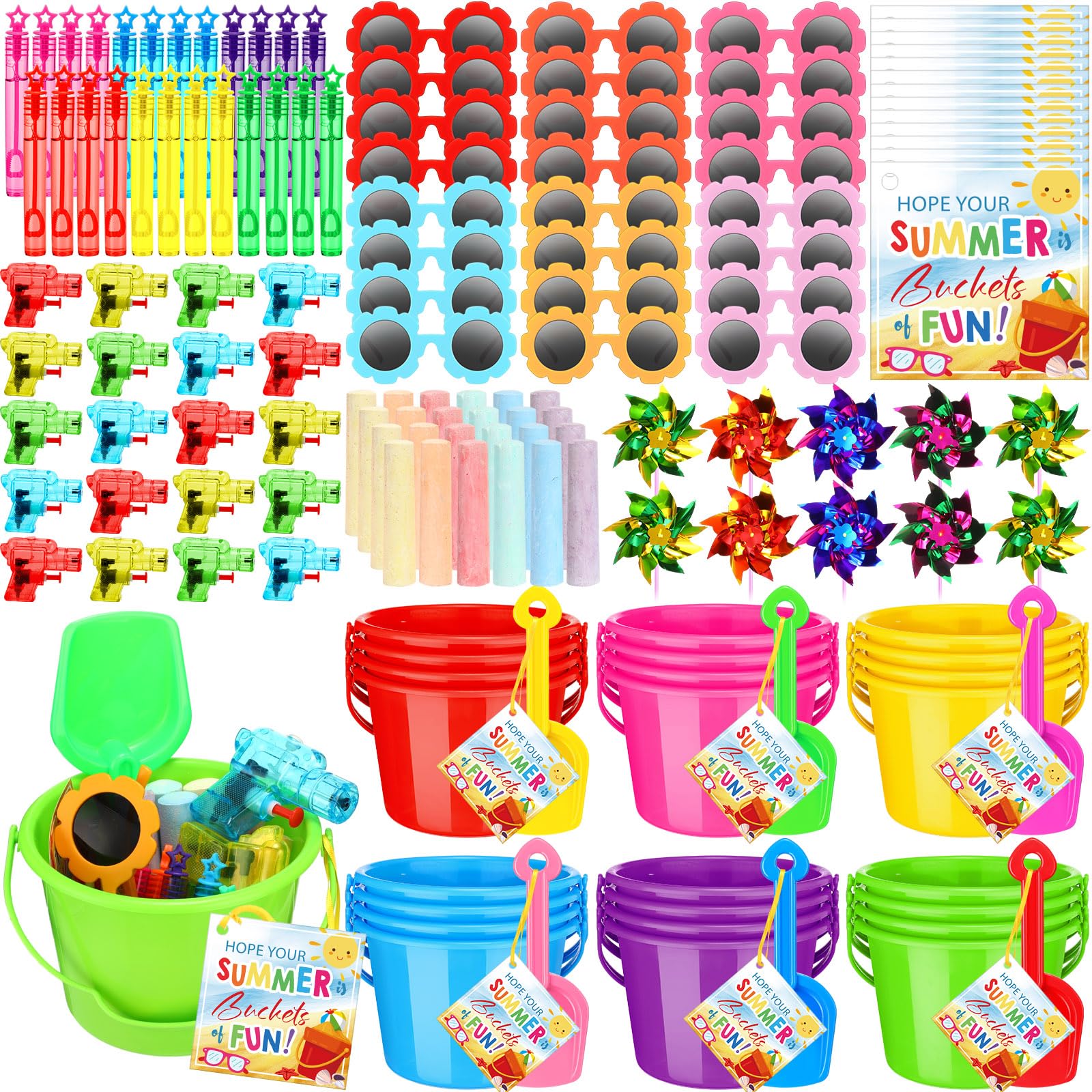 Chivao 192 Pcs Beach Pool Favors Summer Pool Toy Gift Bulk for Boys Girls End of the Year Gifts for Student Sand Bucket Beach Shovels Bubble Wands Sunglasses Water Gun Pinwheel Sidewalk Chalks