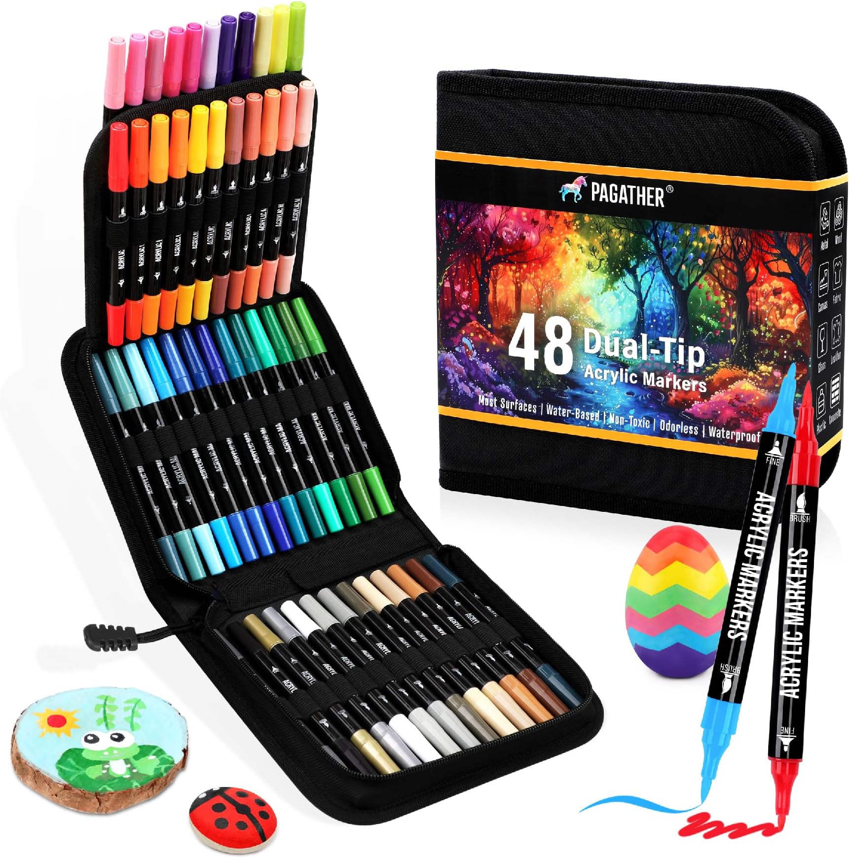 Pagather 48 Colors Acrylic Paint Markers, Dual Tip with Fine Tip and Brush Tip Pens for Stone, Wood, Calligraphy, Canvas, Ceramic, Metal, Glass, Rock Painting, DIY Crafts Art Supplies Kit